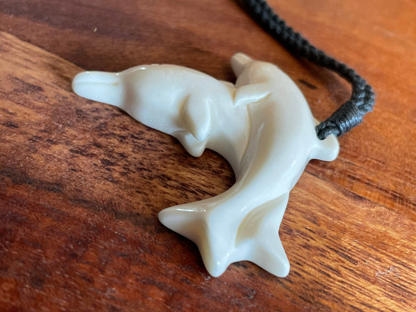 Sweet Set of Hand Carved Solid Bone Polynesian Dolphins Adjustable Necklace