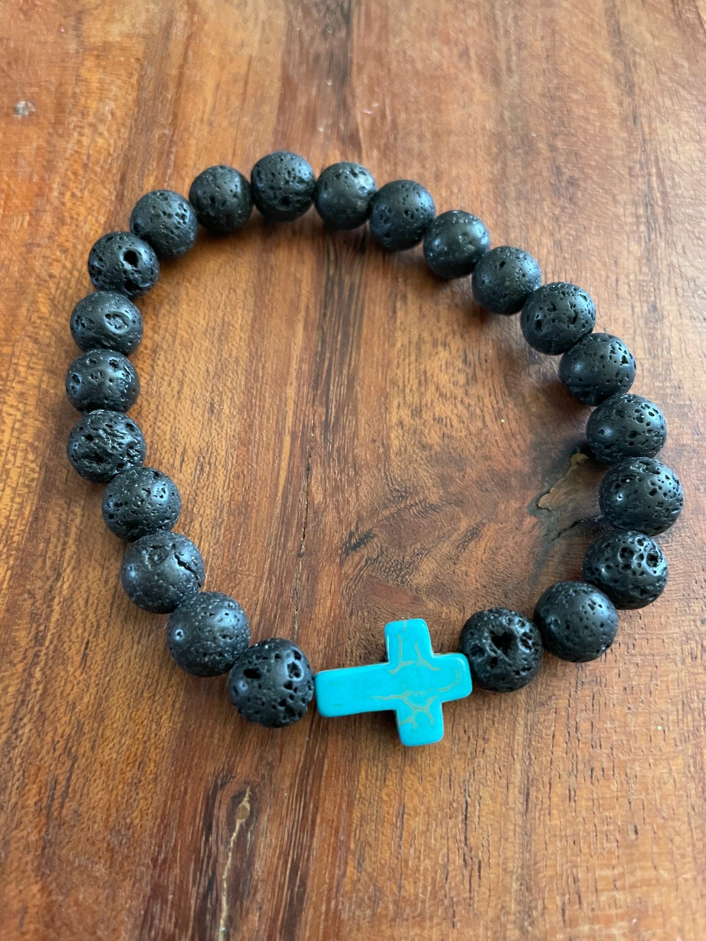 Solid Lava Beaded Elastic Bracelets with Christian Cross Clay Bead
