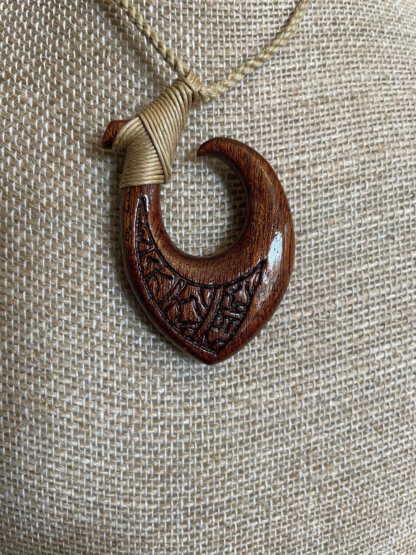 Hand Carved Koa Wood Makau Necklace, Polynesian Engraving