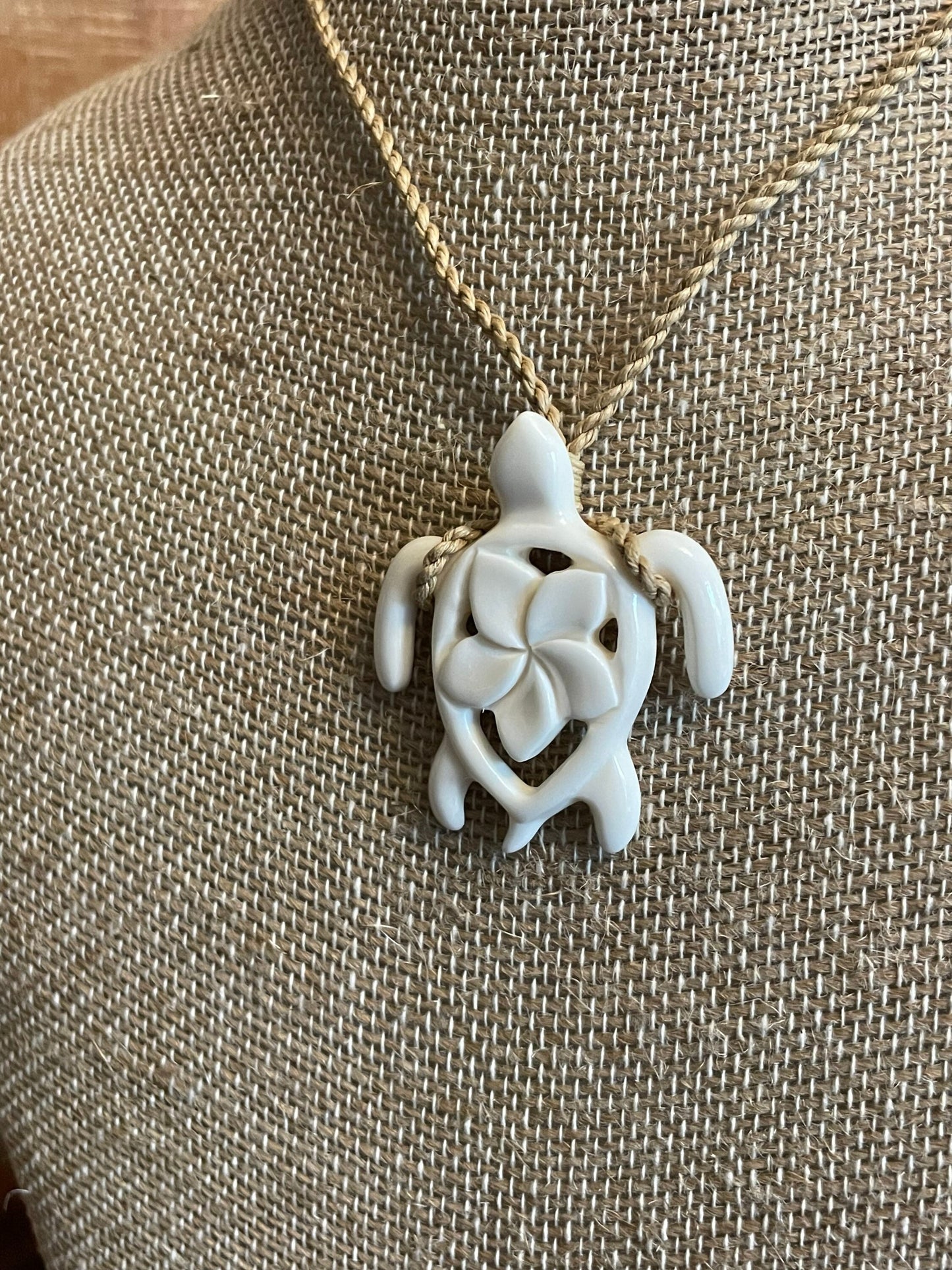 Hand Carved Bone Sea Turtle Necklace - Polynesian Plumeria Pendant