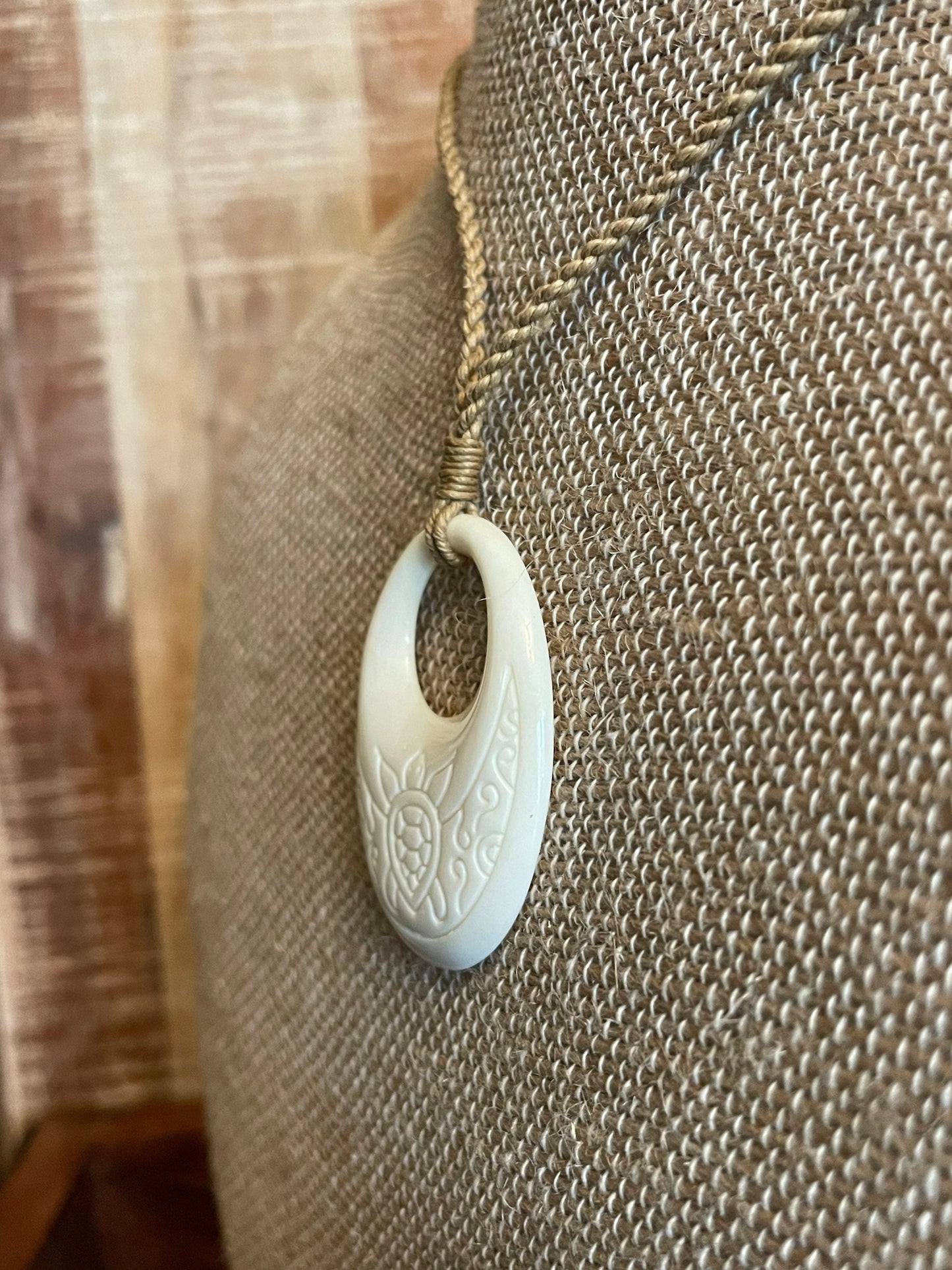 Solid Bone Handcarved Pendant with Sea Turtle, Honu, Engraved - Polynesian Beachy Boho Adjustable Necklace