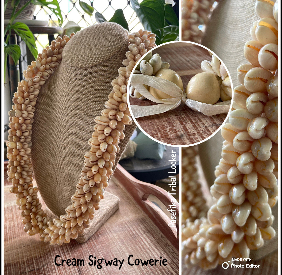 Authentic Cowerie Shell Lei, Natural Ribbon Tie Necklace, 30”