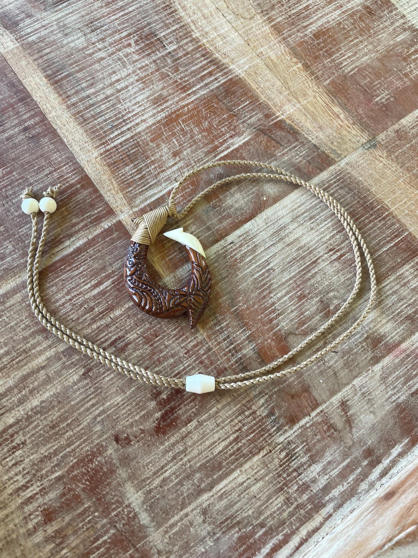 Handcarved Bone & Koa Wood Makau Pendant – Hawaiian Fish Hook Necklace