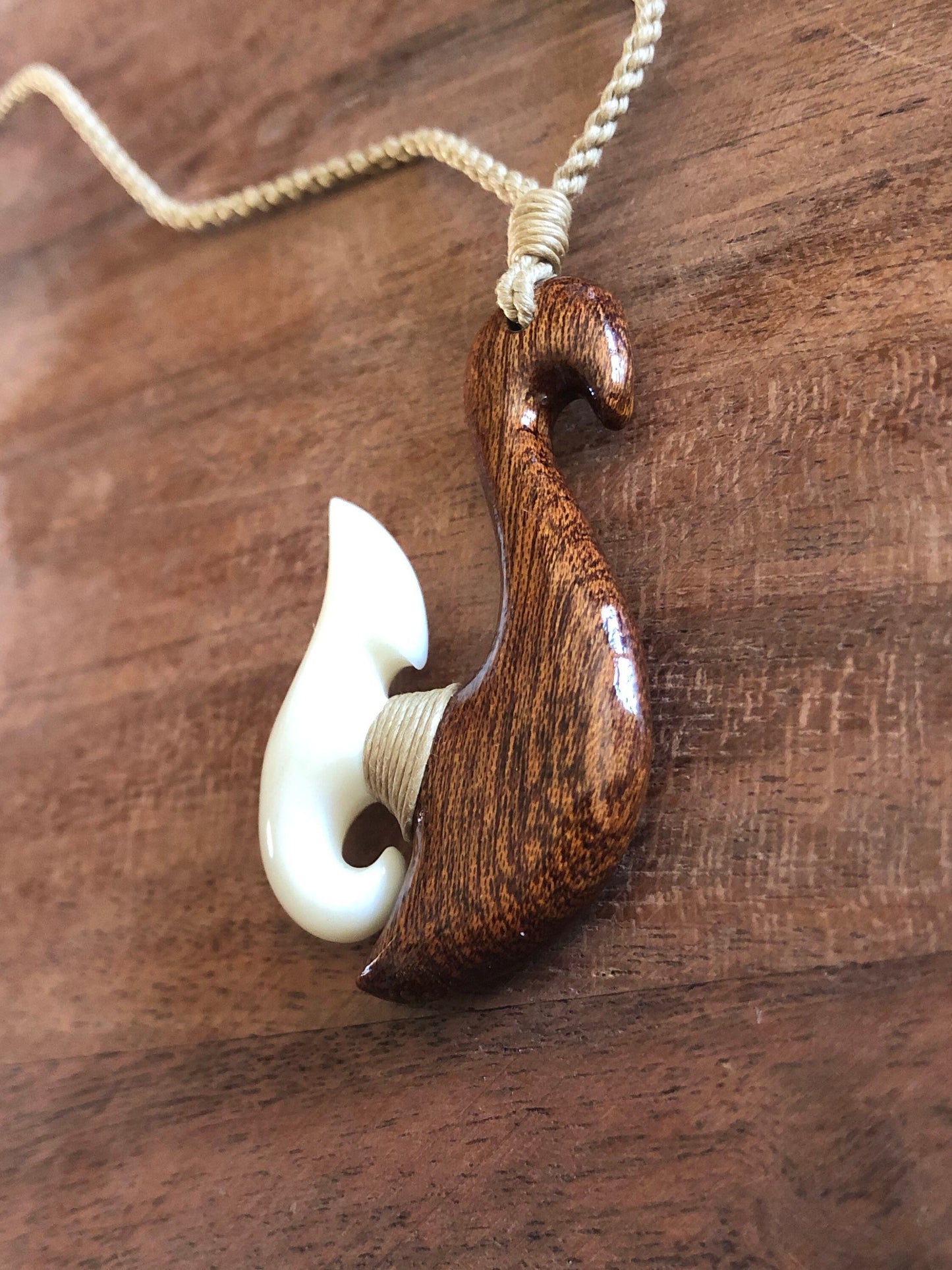 Hand Carved Bone & Koa Wood Fish Hook Necklace - Adjustable Hei Makau