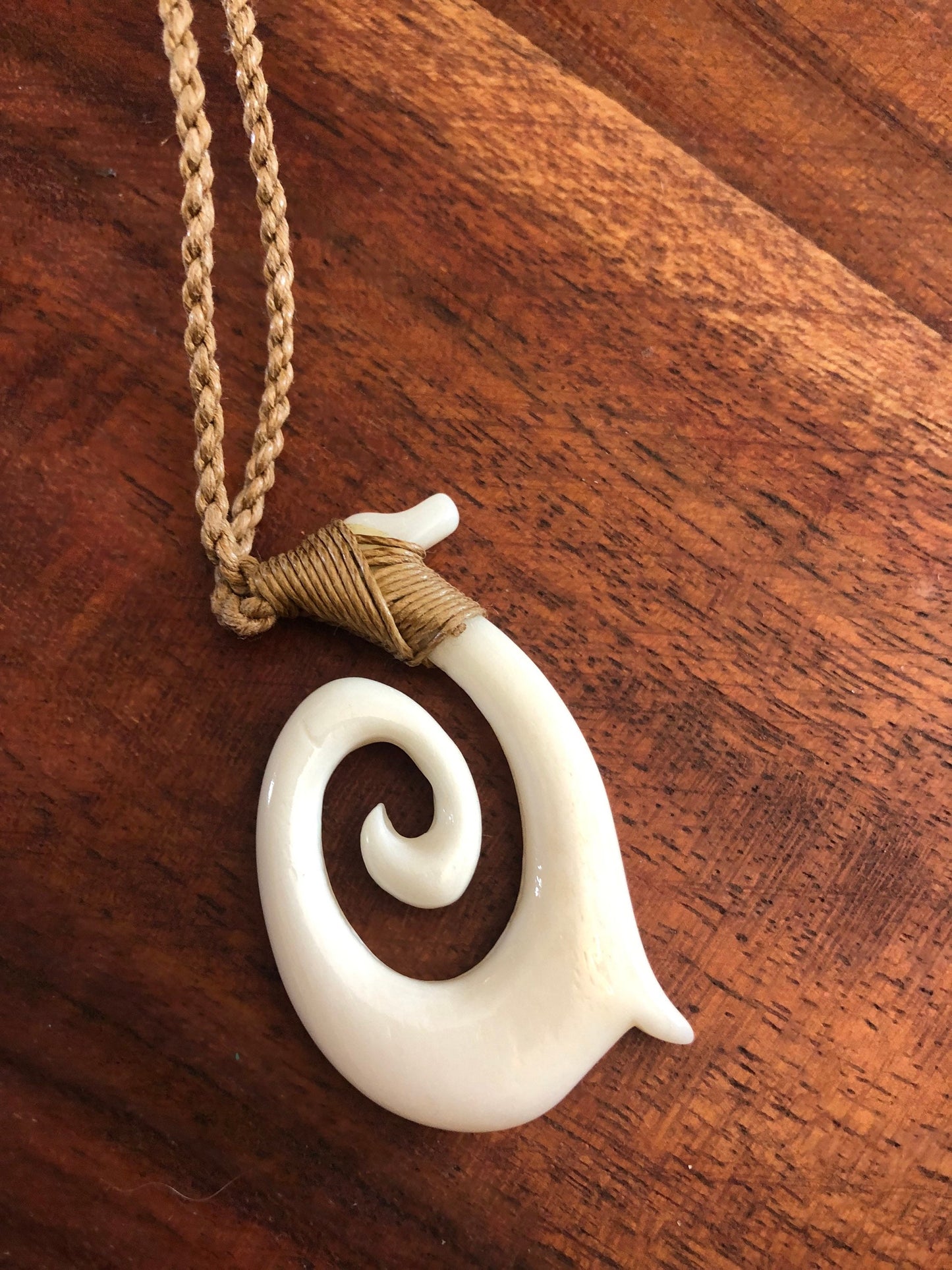 Hand Carved Buffalo Bone Fish Hook Hei Makau Necklace