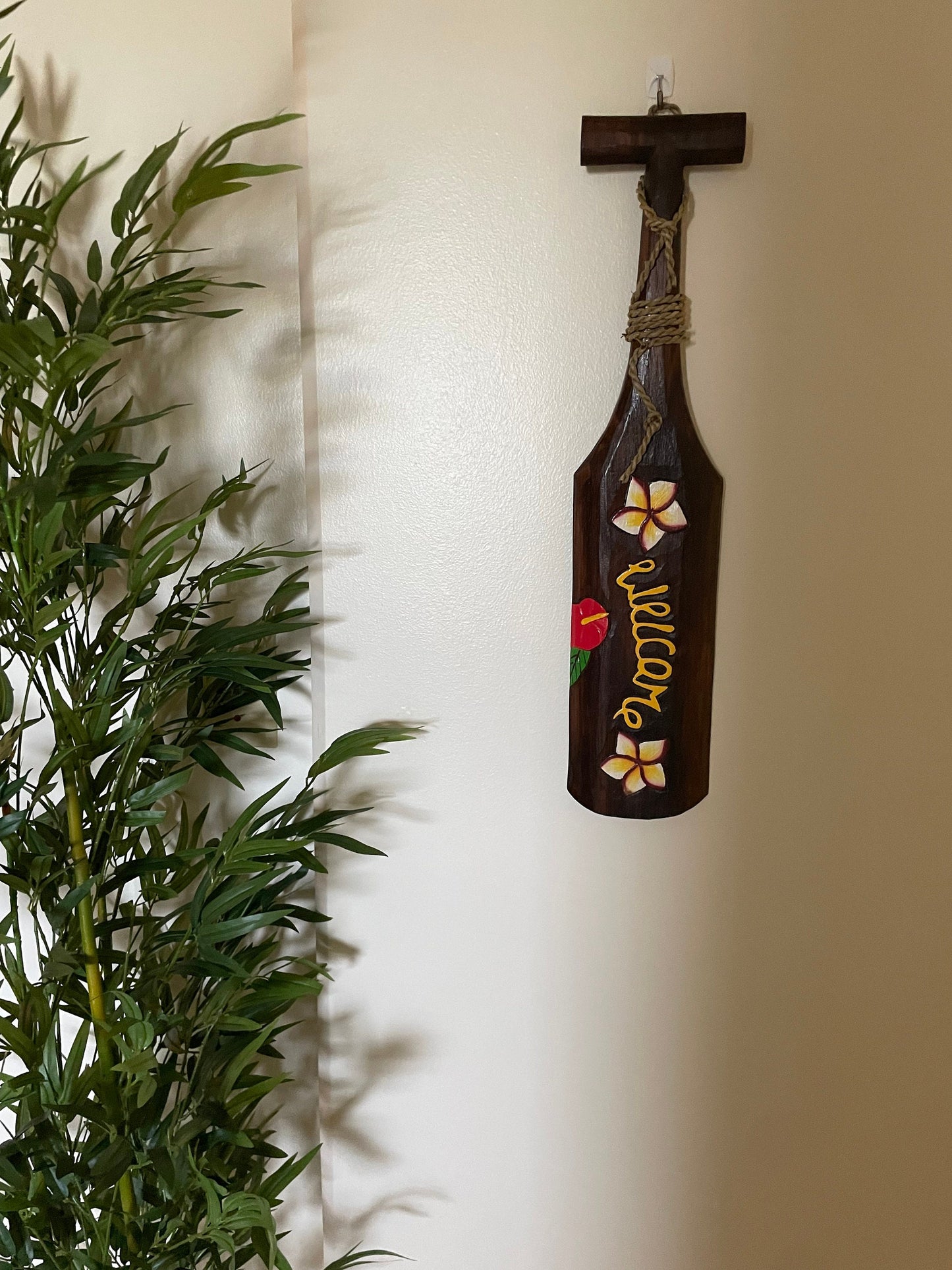 Hand Carved and Brightly Hand Painted Solid Wood Welcome Hawaiian Paddle Adorned with Flowers