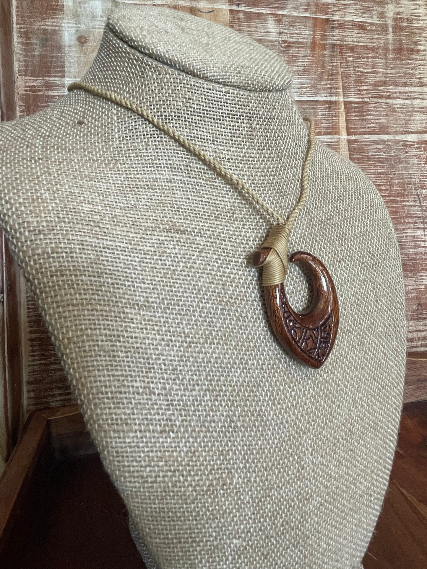 Hand Carved Koa Wood Makau Necklace, Polynesian Engraving