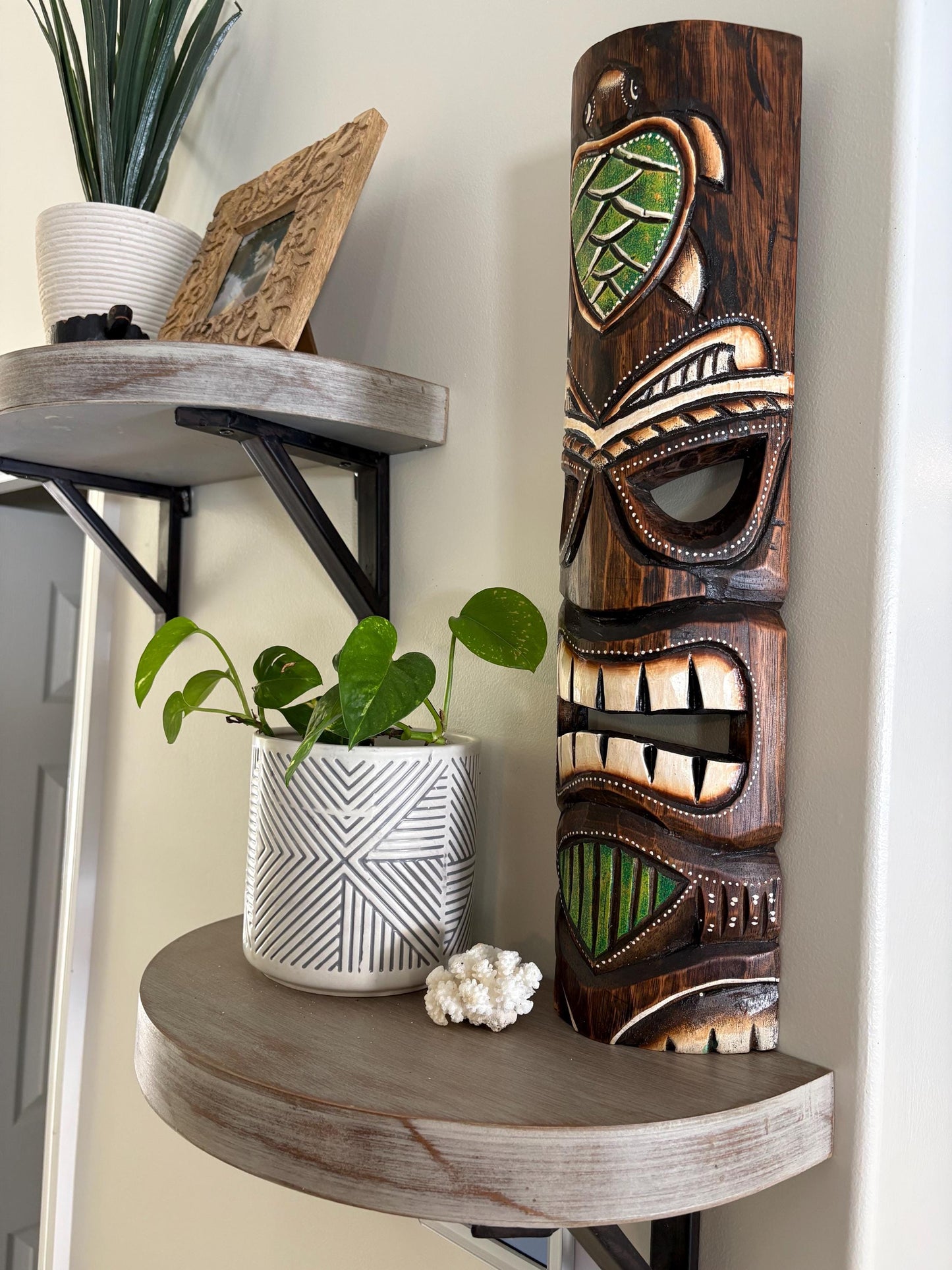 Sea Turtle Hawaiian Tiki Handcarved and Handpainted Light Weight Teakwood