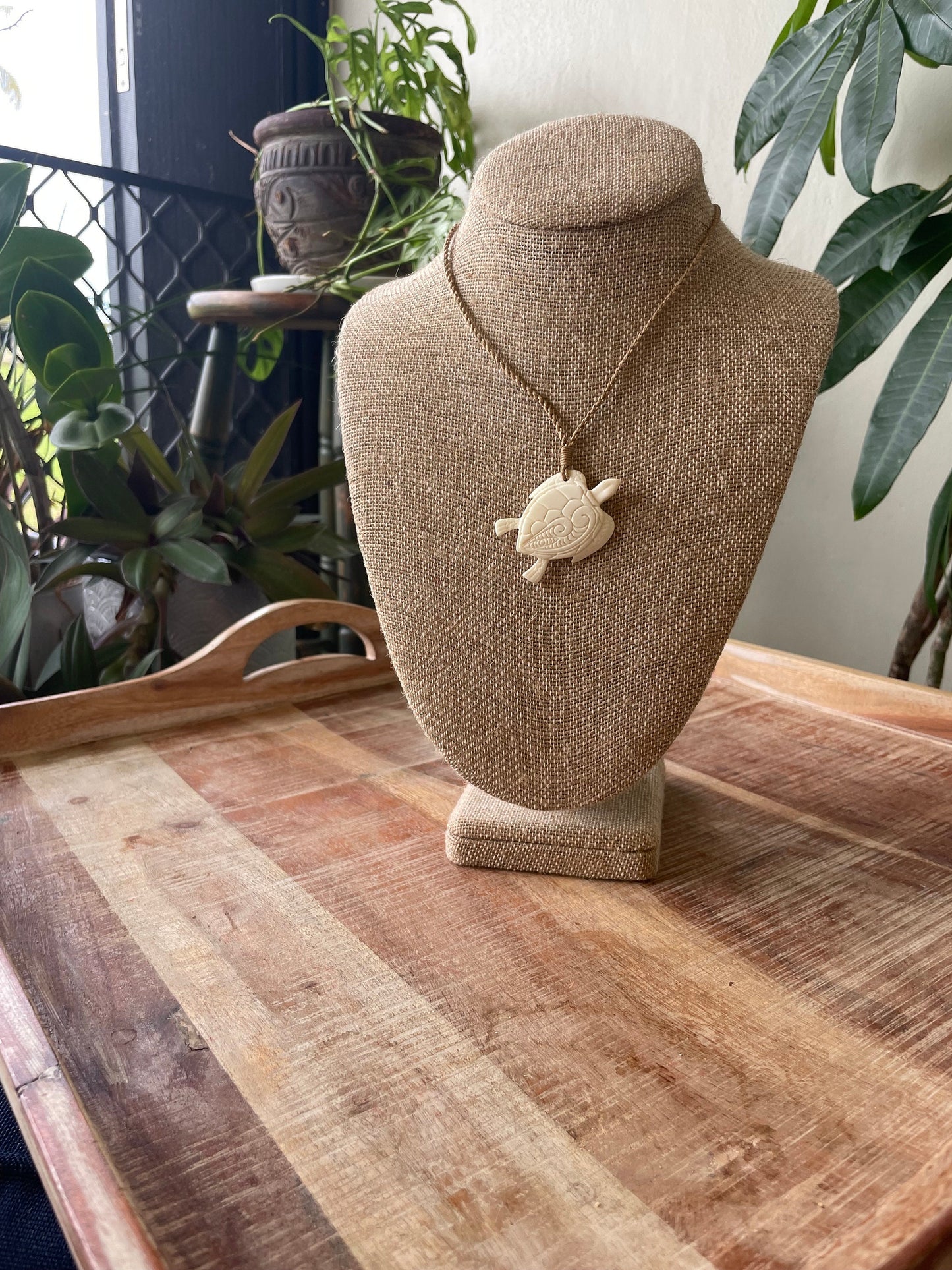 Hand Carved Buffalo Bone Sea Turtle Pendant – Polynesian Koru Necklace