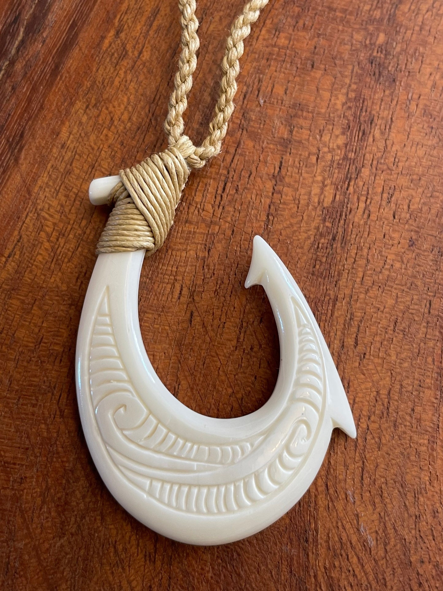 Hand Carved Buffalo Bone Fish Hook Necklace, Hei Makau Koru