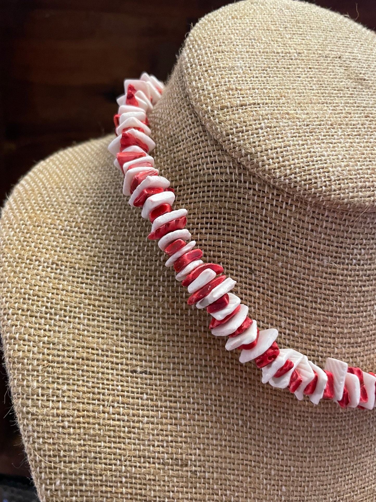 Red and White Puka Shell Necklace - Striped Retro Style, .925 Silver Clasp