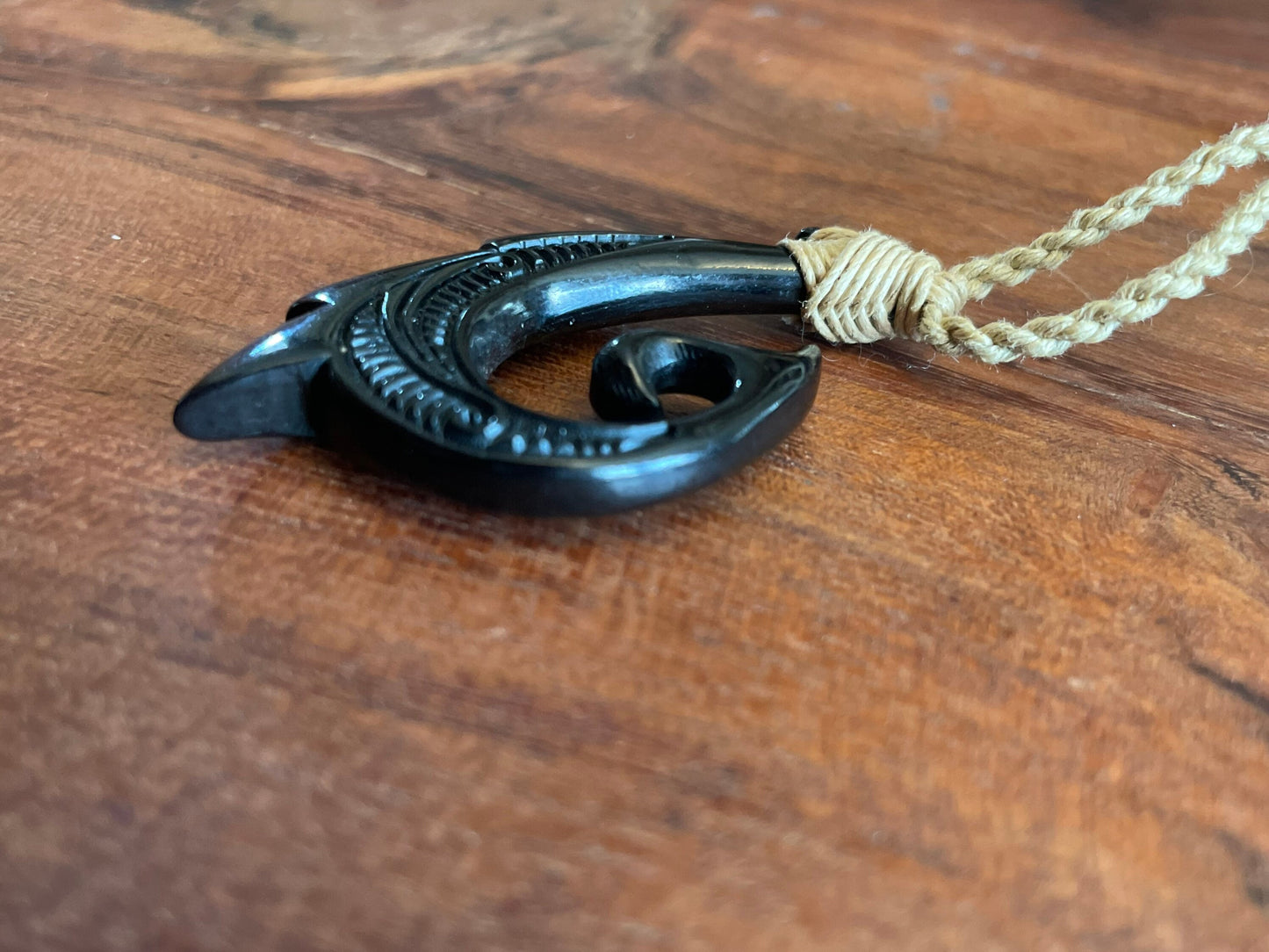 Handsome Onyx Dyed Solid Real Buffalo Bone Makau or Fish Hook Adjustable Necklace