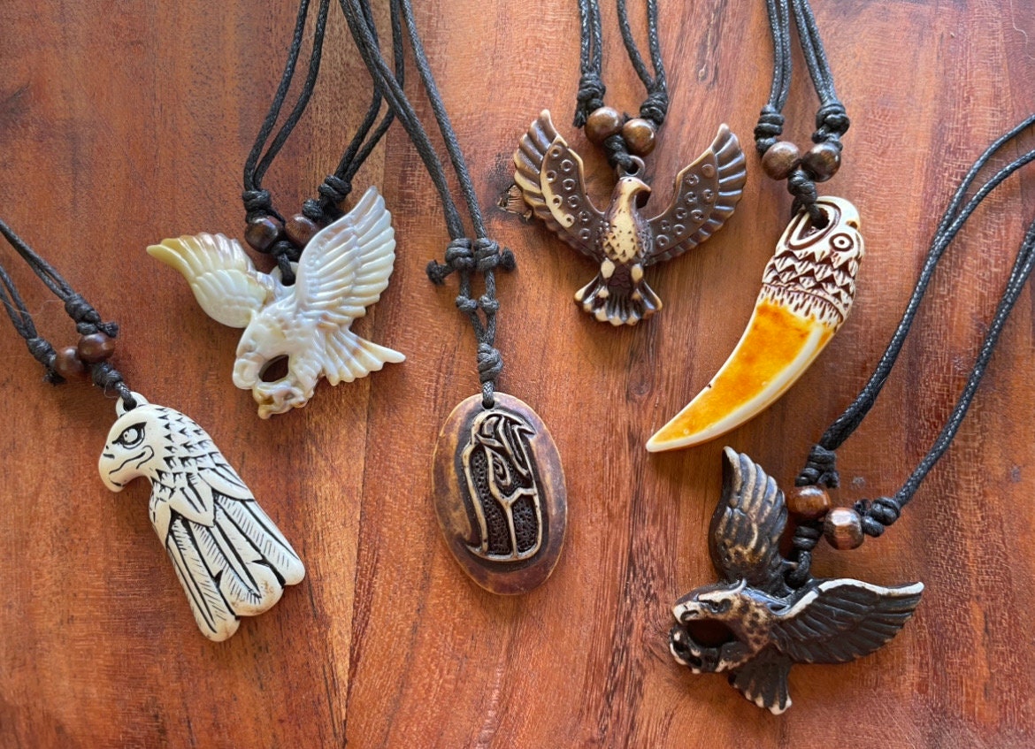 Rustic Buffalo Bone and Resin Eagle or Hawk Pendants on Adjustable Surfer Knot Necklace.