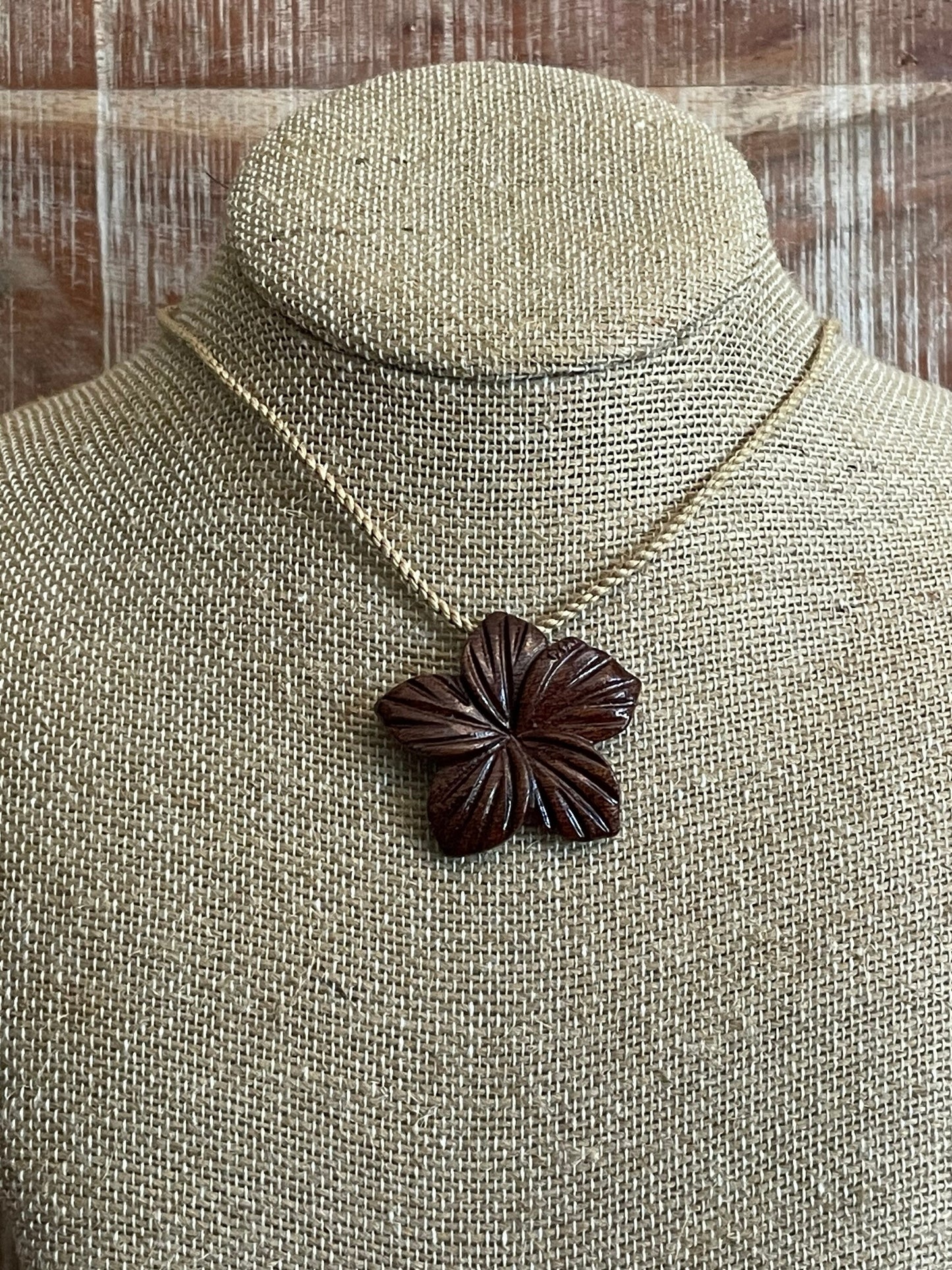 Hand Carved Koa Wood Plumeria Necklace - Adjustable Hemp Boho Jewelry