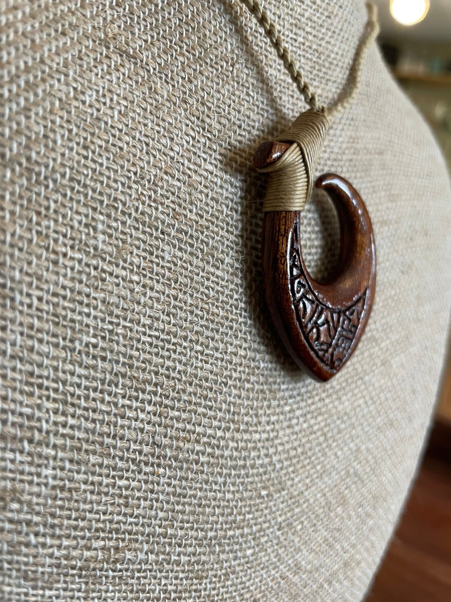 Hand Carved Koa Wood Makau Necklace, Polynesian Engraving