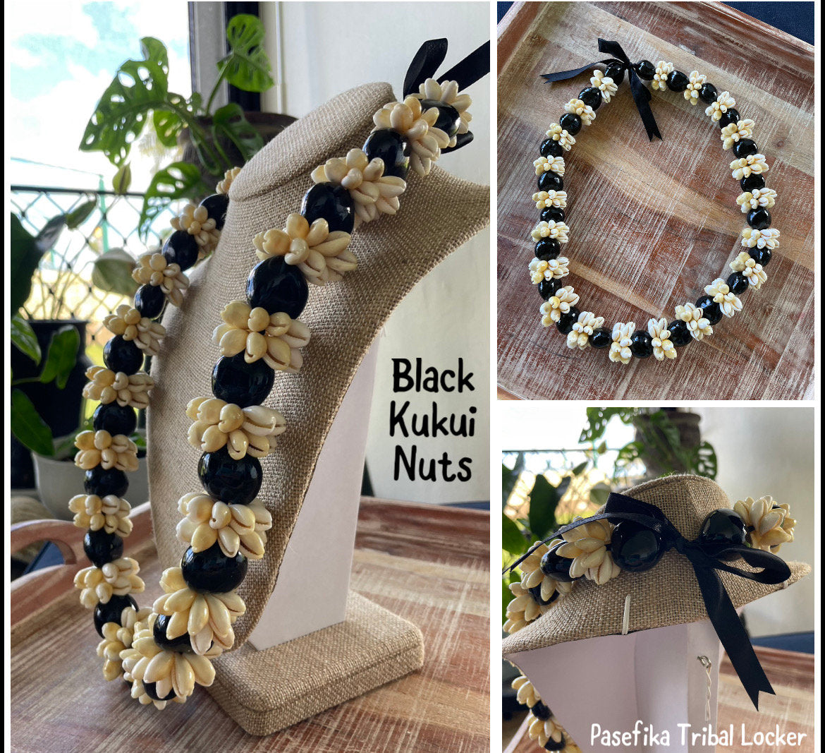 Authentic Kukui Nut & Cowrie Shell Lei – Adjustable Ribbon Tie