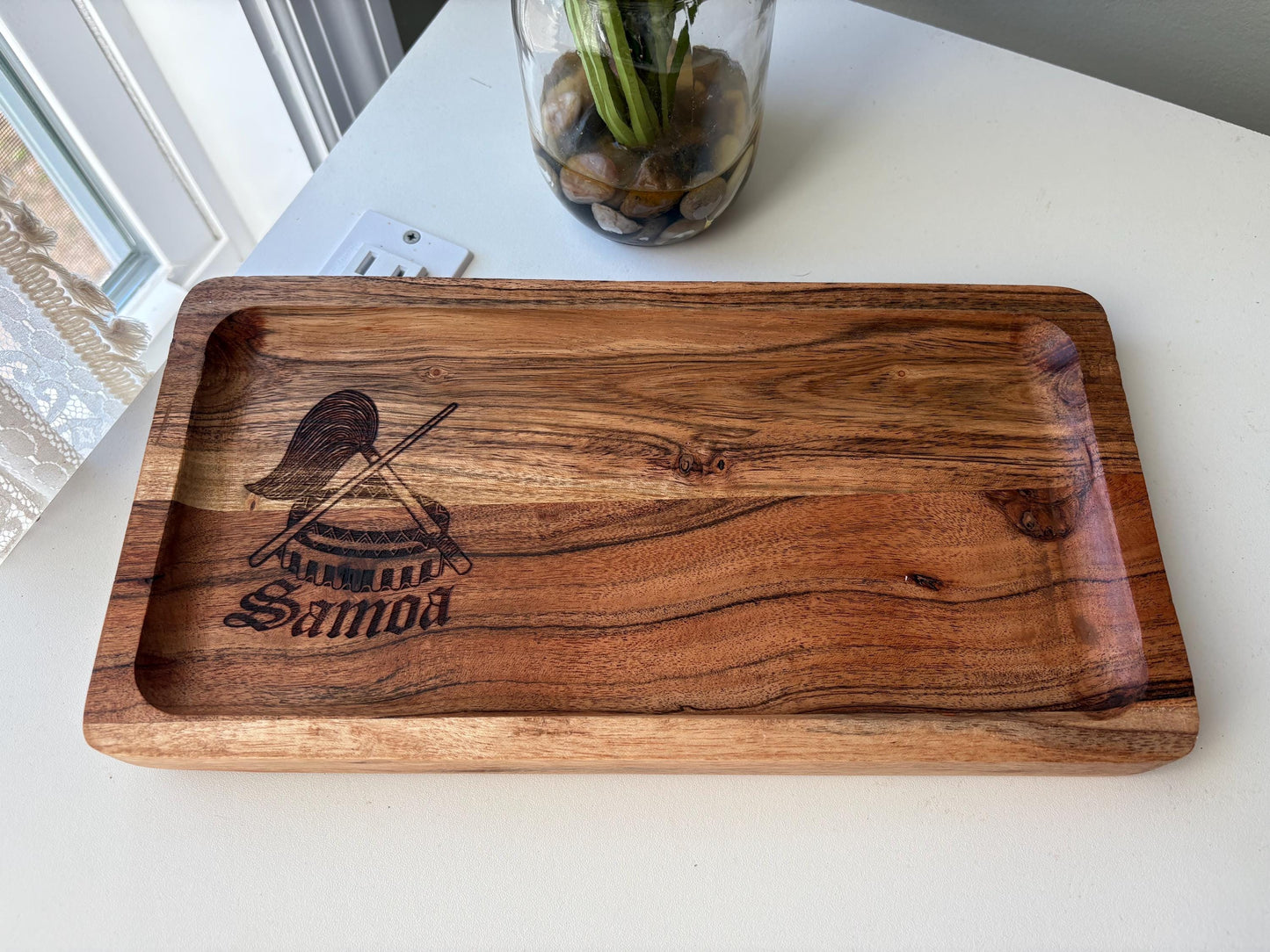 Engraved Teak Wood Tray with the Seal of Samoa - Personalized Gift