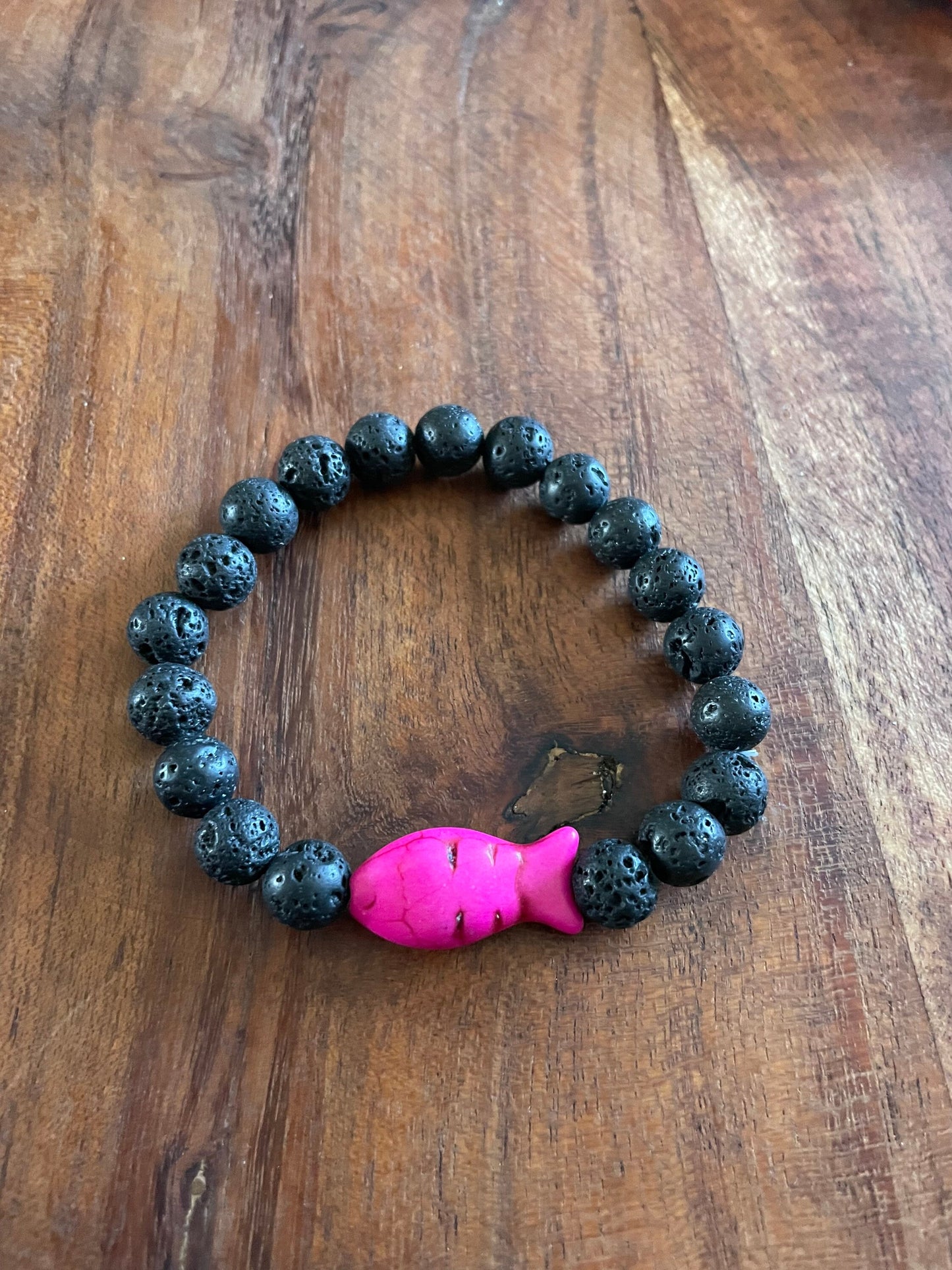 Authentic Lava Bead Elastic Bracelet with Clay Fish Bead