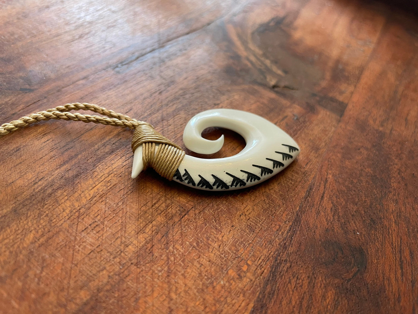 Hand Carved Buffalo Bone Makau Fish Hook Necklace - Koru Tip, Surfer Cord