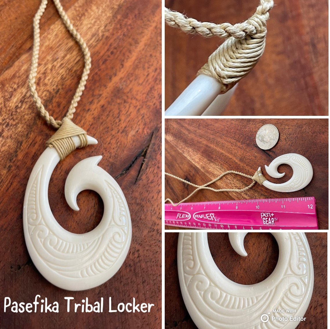 Hand Carved Buffalo Bone Fish Hook Necklace – Polynesian Koru Hei Makau