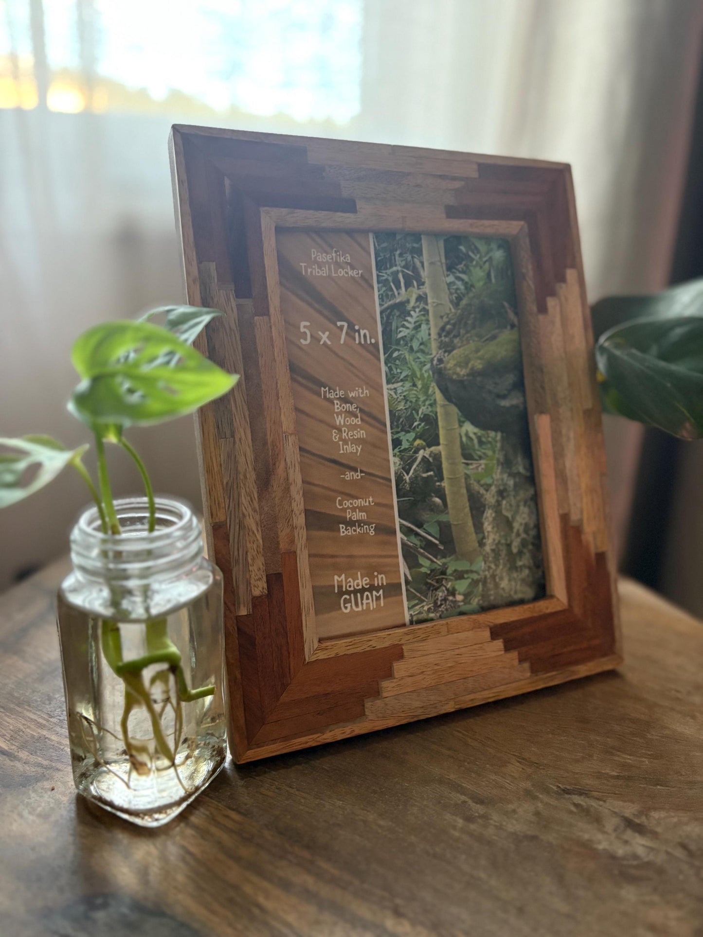 Polynesian Wood Inlay Picture Frame, Teak and Hibiscus, 5x7