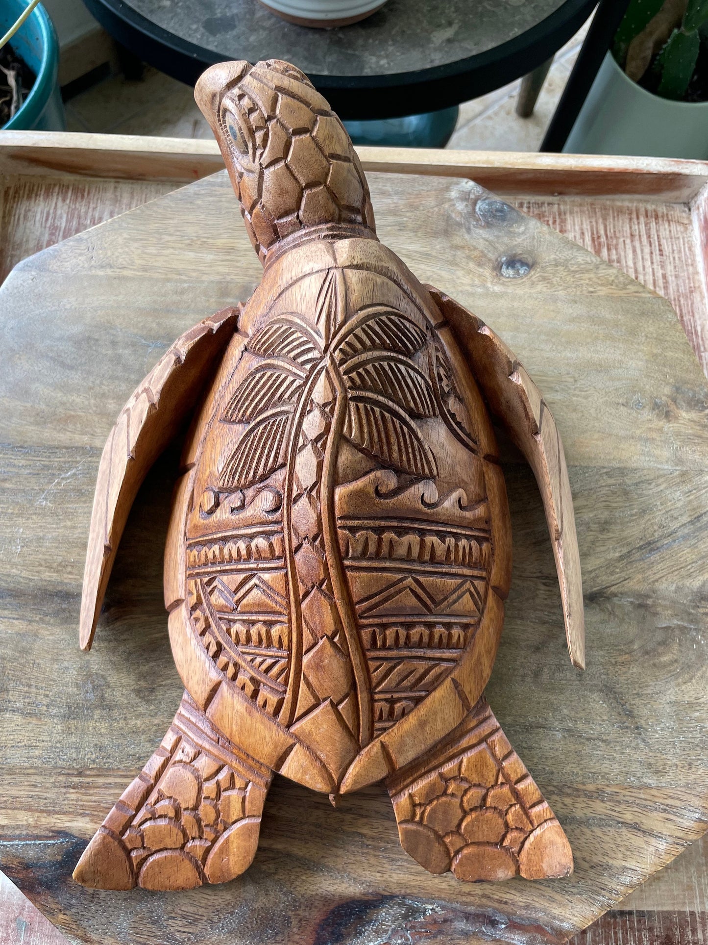 Hand Carved Wood Sea Turtle Decor, Tribal Palm Tree Design