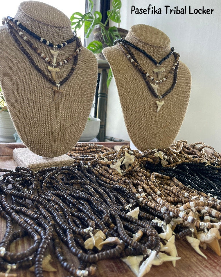 Authentic Mako & Fossilized Moroccan Shark Tooth Necklaces on Coconut Beaded Necklaces with Silver Clasp