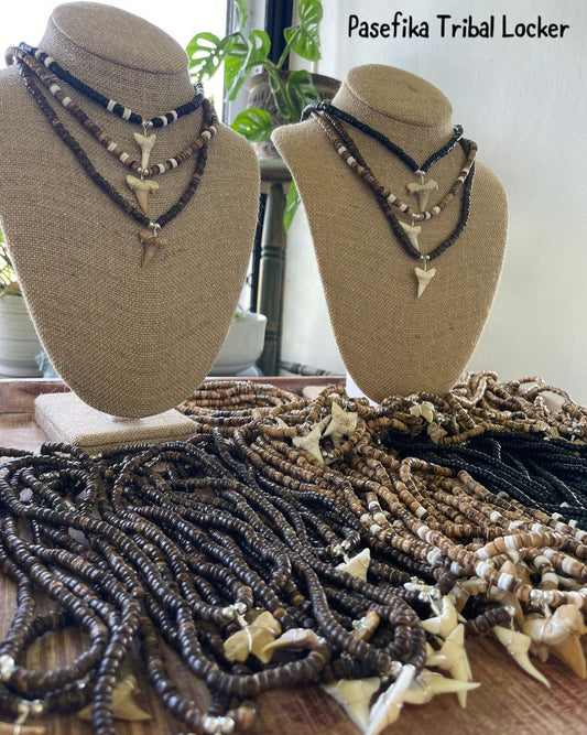 Authentic Mako & Fossilized Moroccan Shark Tooth Necklaces on Coconut Beaded Necklaces with Silver Clasp