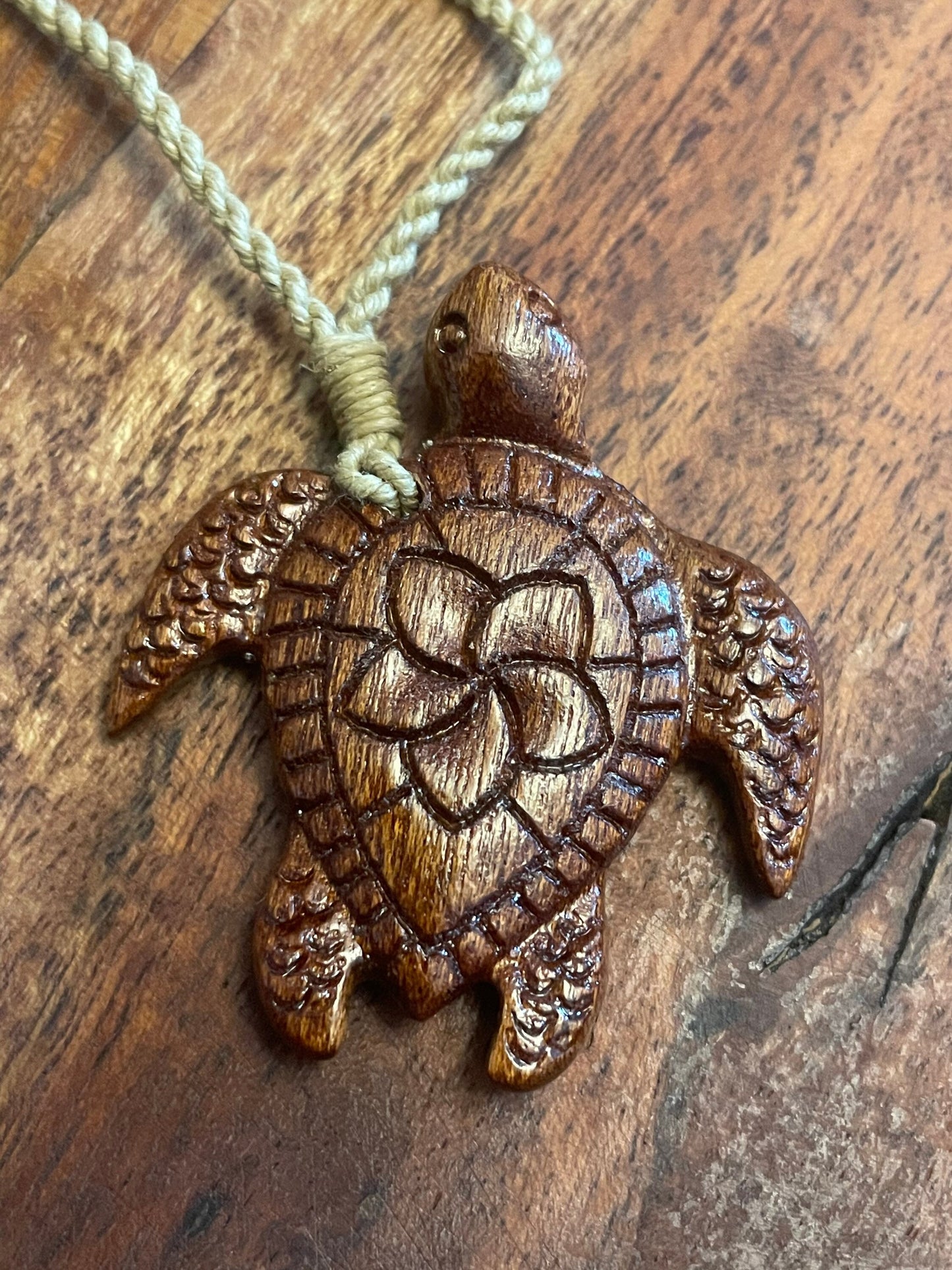 Hand Carved Koa Wood Sea Turtle Necklace - Plumeria Honu Pendant