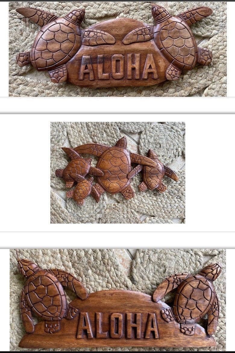 Solid Handcarved Hibiscus Wood Turtle Welcome “Aloha”  Plaque- Beautifully Handcrafted Wall Decor