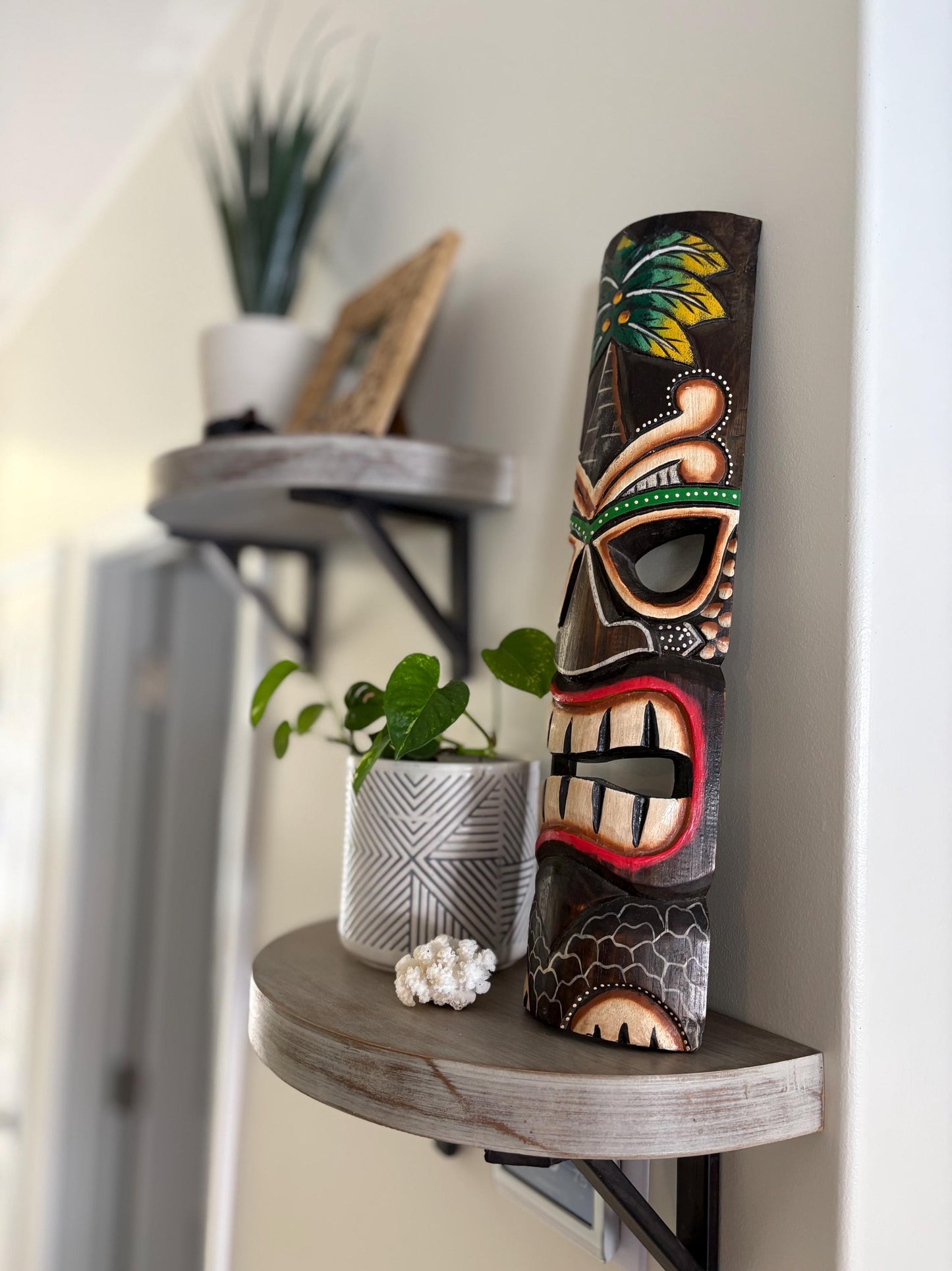 Teakwood Lightweight Handcarved and Handpainted Palm Tree Hawaiian Tiki Display