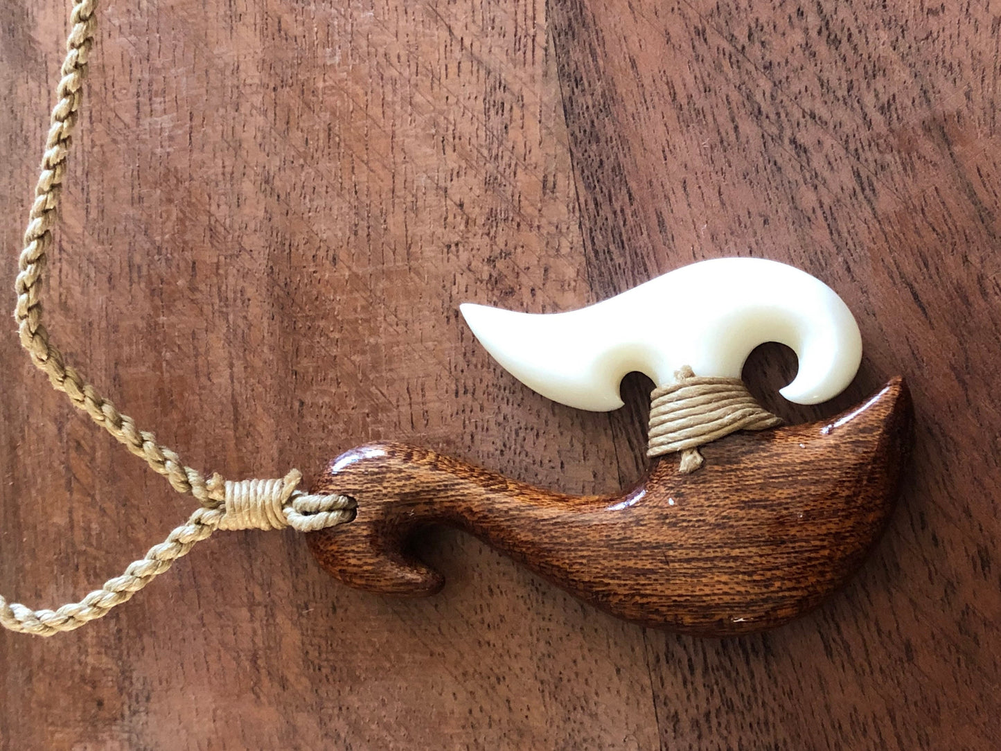Authentically Hand Carved Buffalo Bone and Koa Wood Makau or Fish Hook Adjustable Necklace