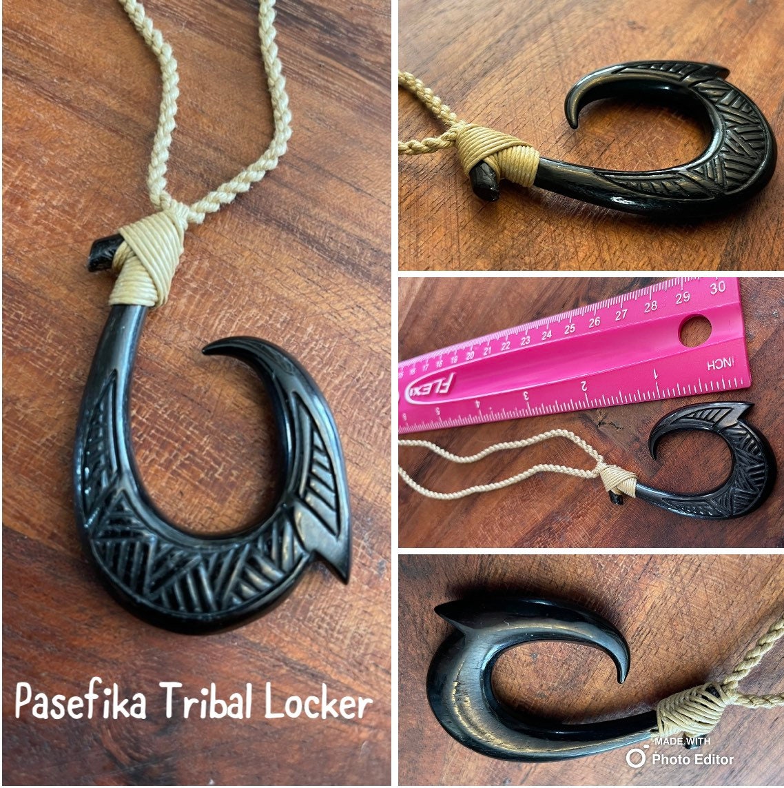 Hand Carved Buffalo Bone Makau Necklace: Micronesian/ Polynesian Fish Hook Pendant