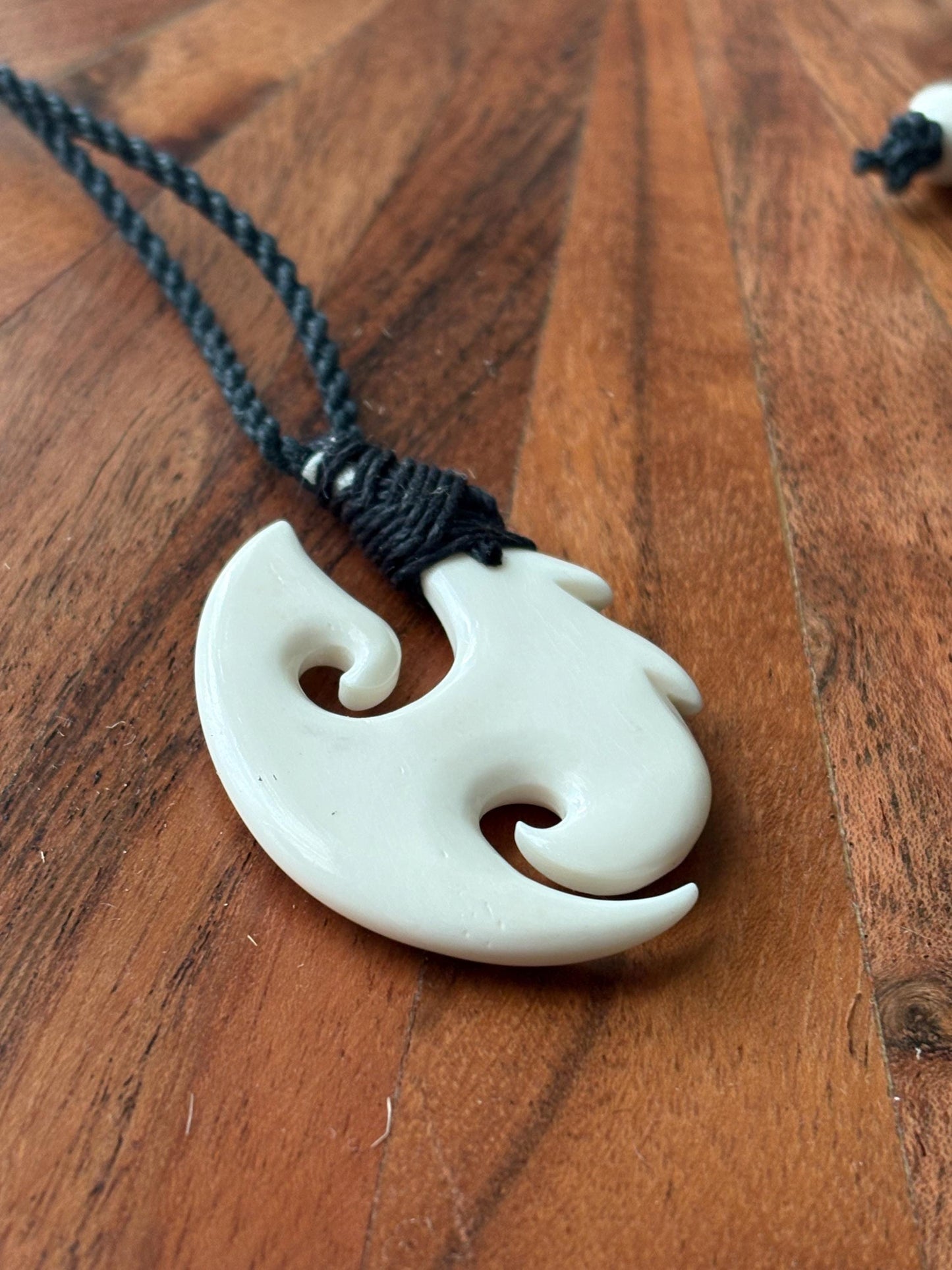 Hand Carved Buffalo Bone Makau Fish Hook Necklace Engraved with Pasefika Symbolism