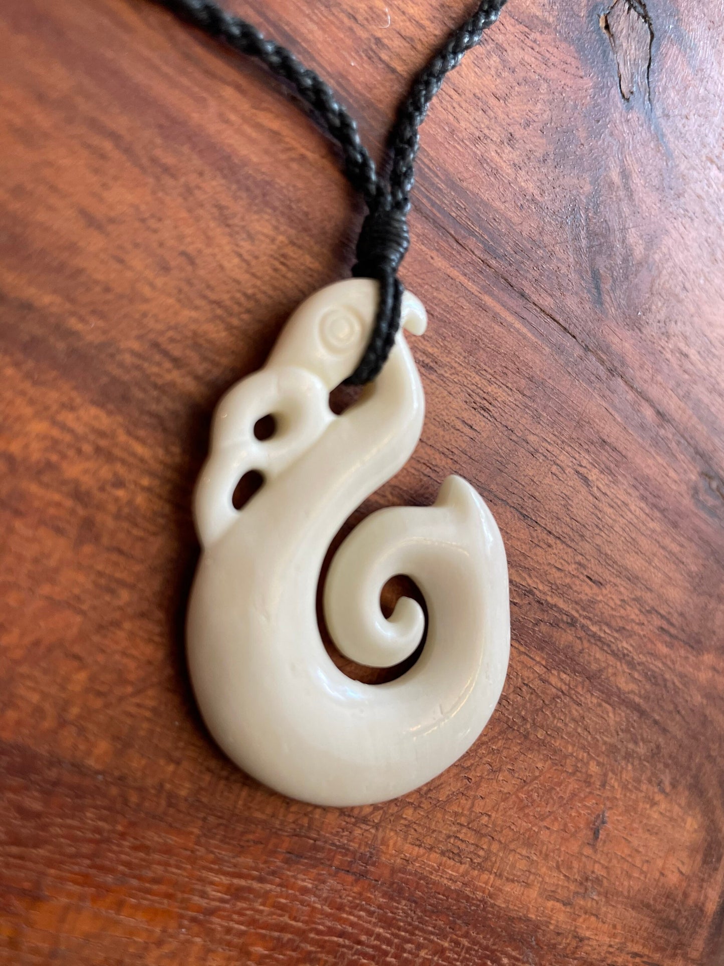 Hand Carved Buffalo Bone Fish Hook Necklace – Polynesian Makau Koru