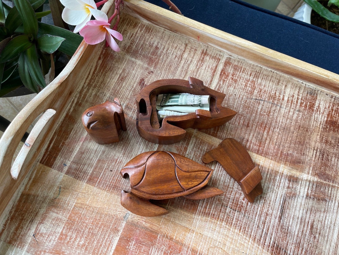 Handmade Sea Hibiscus Wood Turtle Puzzle Box – Hidden Compartment