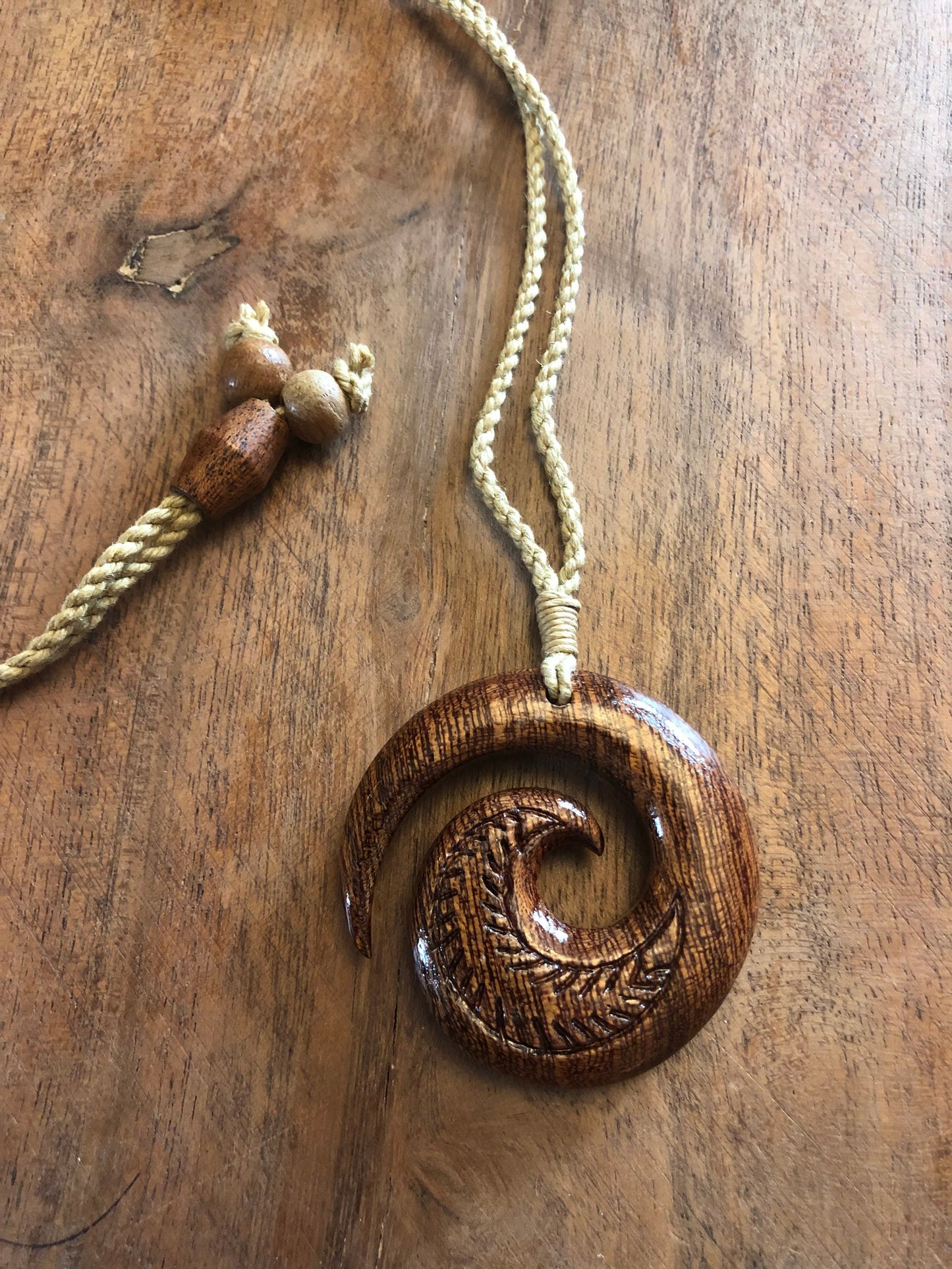 Finely Detailed, Hand-carved Solid Koa Wood Koru or Fern Adjustable Necklace