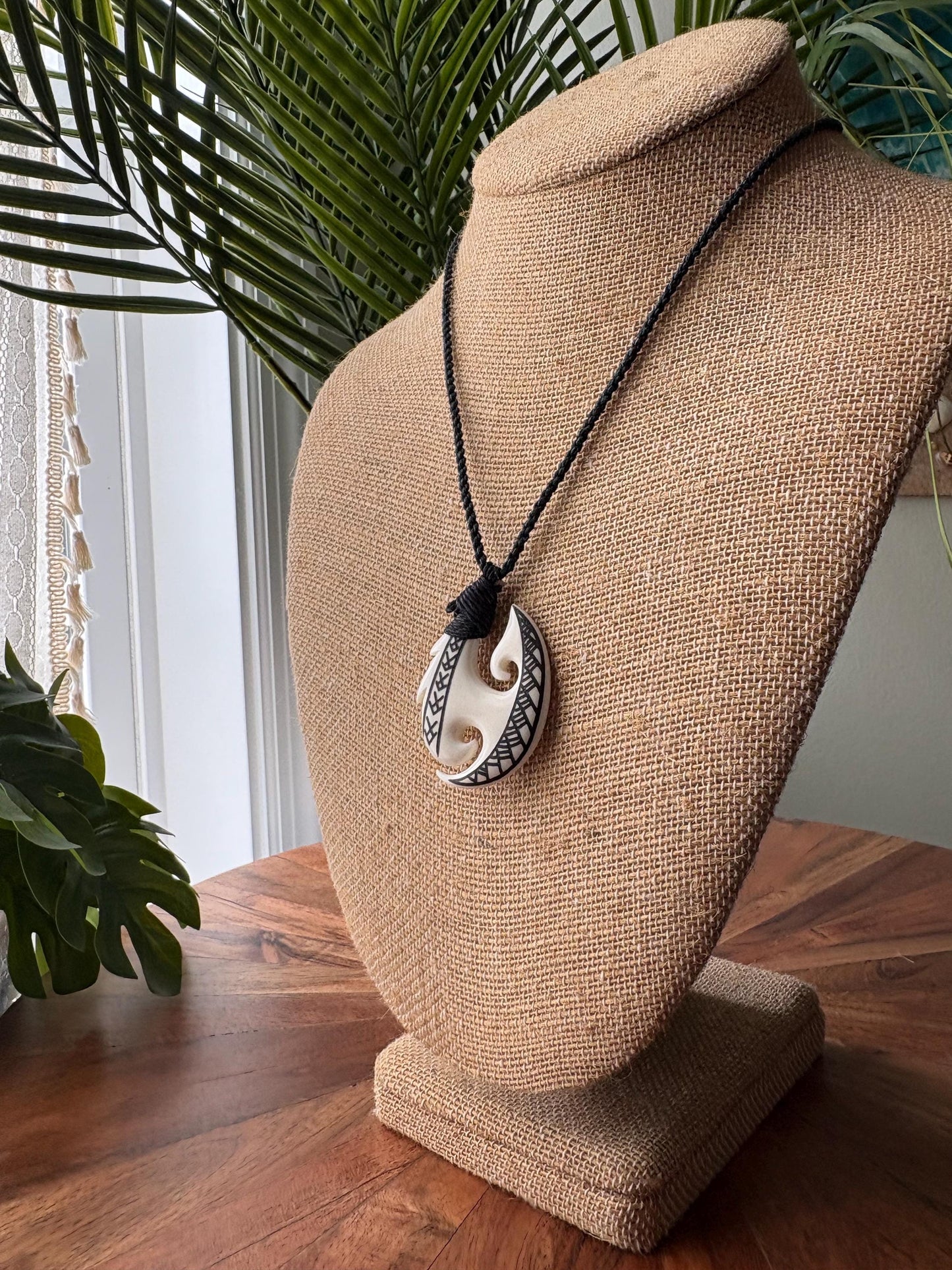 Hand Carved Buffalo Bone Makau Fish Hook Necklace Engraved with Pasefika Symbolism