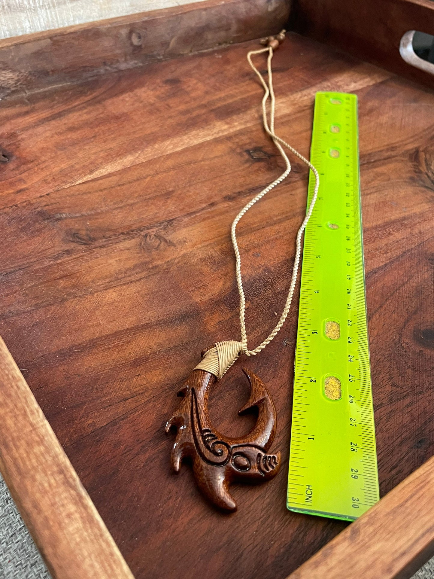 Hand Carved Koa Wood Makau Necklace, Koru Etchings, Adjustable Hemp Cord