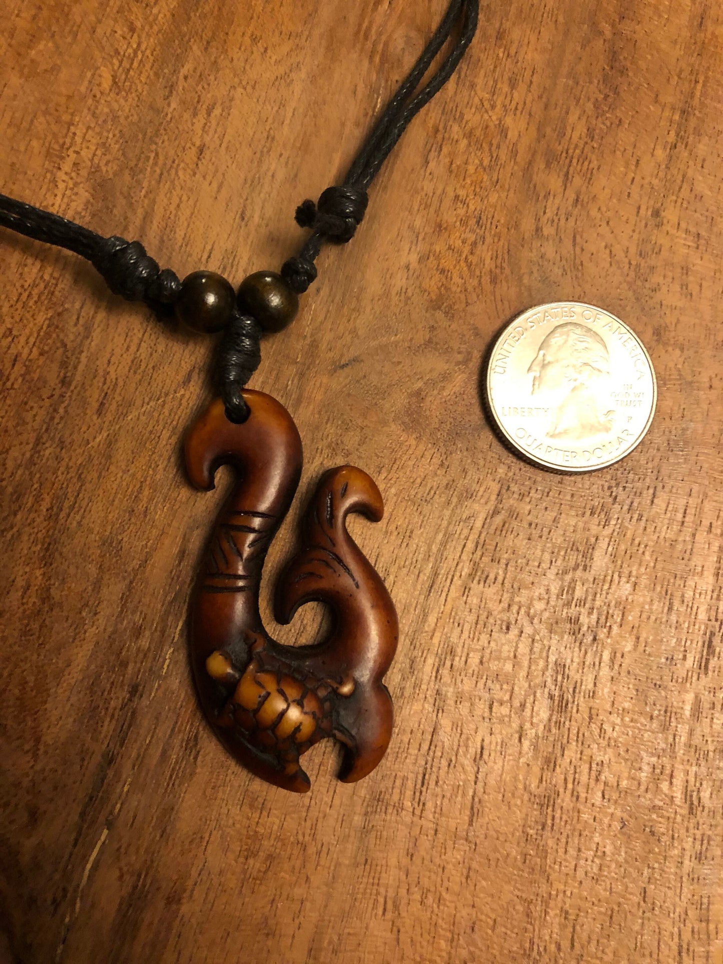 Polynesian Fish Hook Necklace, Buffalo Bone & Resin Honu Turtle Pendant