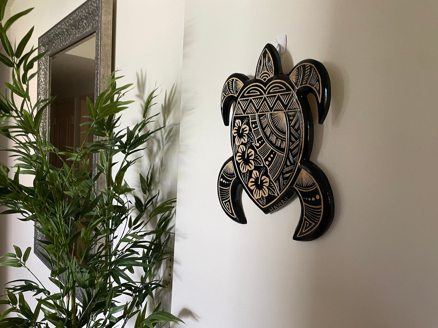 Hand Carved Polynesian Sea Turtle Plaque with Hibiscus