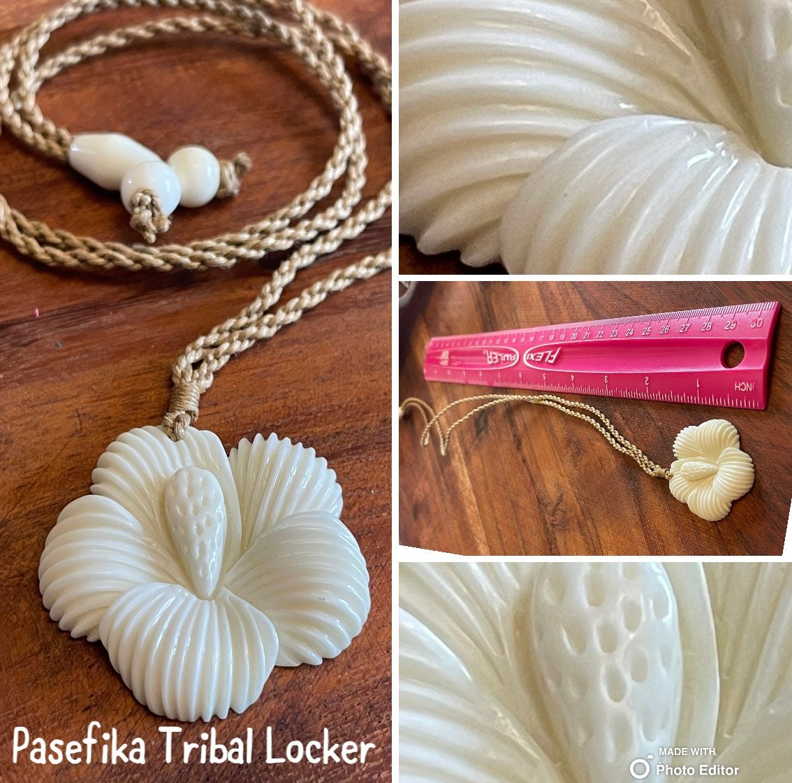 Hand Carved Bone Hibiscus Pendant: Polynesian Boho Necklace
