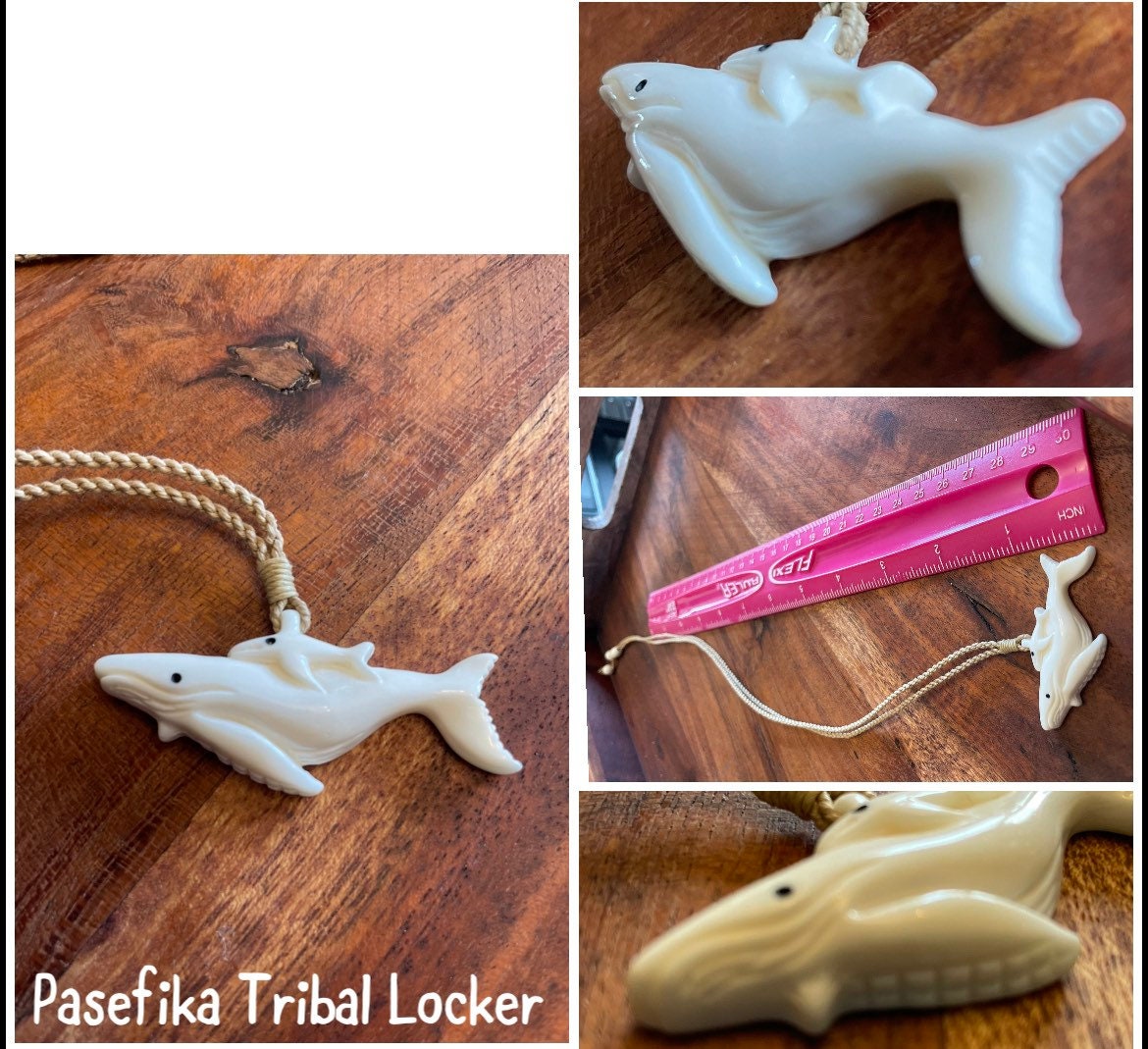 Hand Carved Bone Whale Necklace, Polynesian Mother and Baby