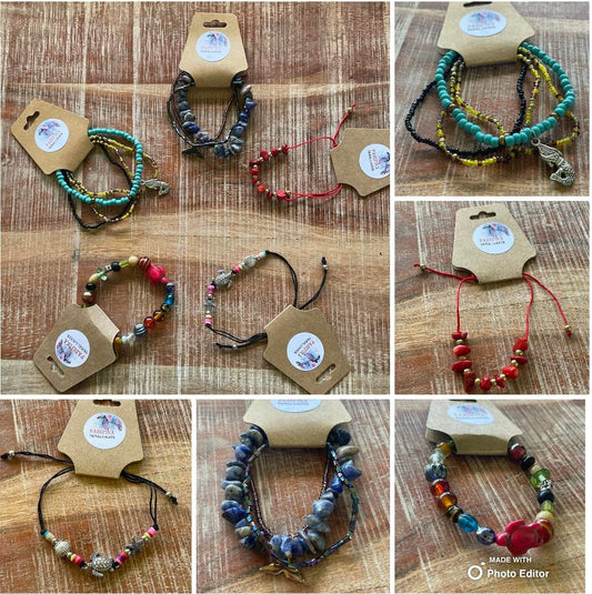 Handmade Beaded Bracelet Lot – Lava Stone, Seashell Boho Jewelry