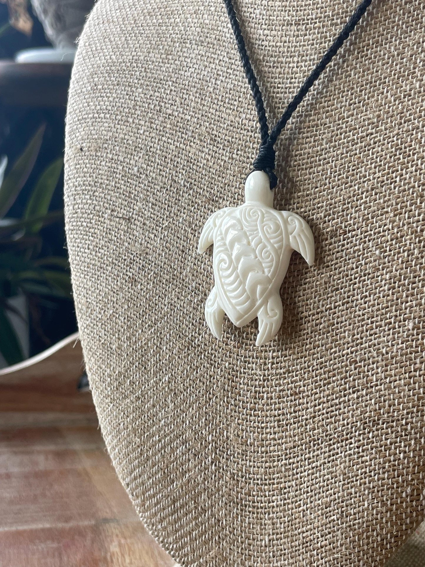Hand Carved Buffalo Bone Sea Turtle Pendant – Adjustable Boho Necklace