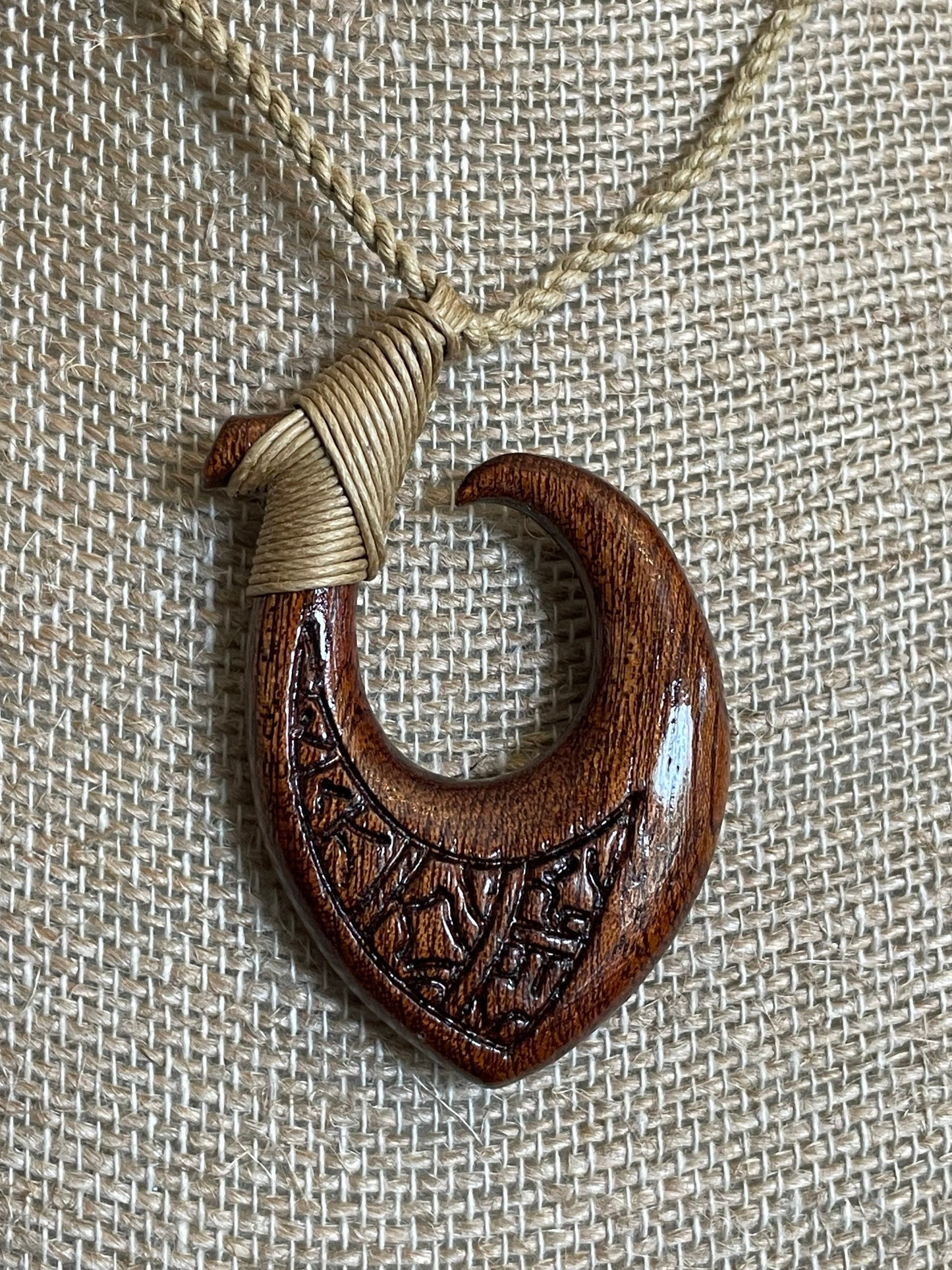 Hand Carved Koa Wood Makau Necklace, Polynesian Engraving