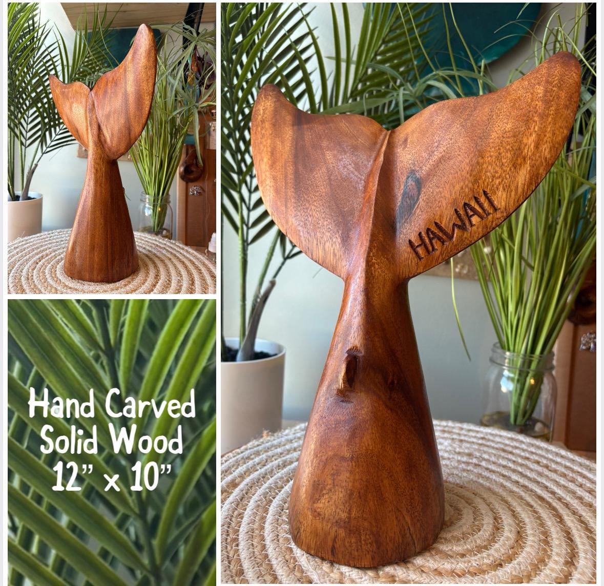 Large Hand-Carved Hibiscus-Wood Whale Tail Sculpture