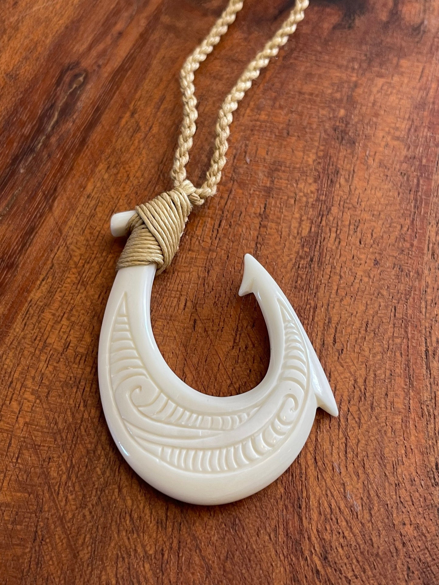 Hand Carved Buffalo Bone Fish Hook Necklace, Hei Makau Koru