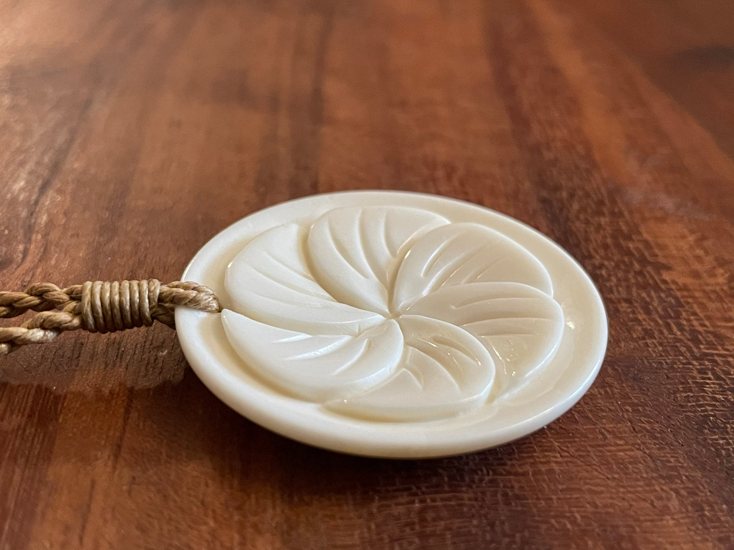 Hand Carved Buffalo Bone Plumeria Necklace, Hawaiian Boho Jewelry
