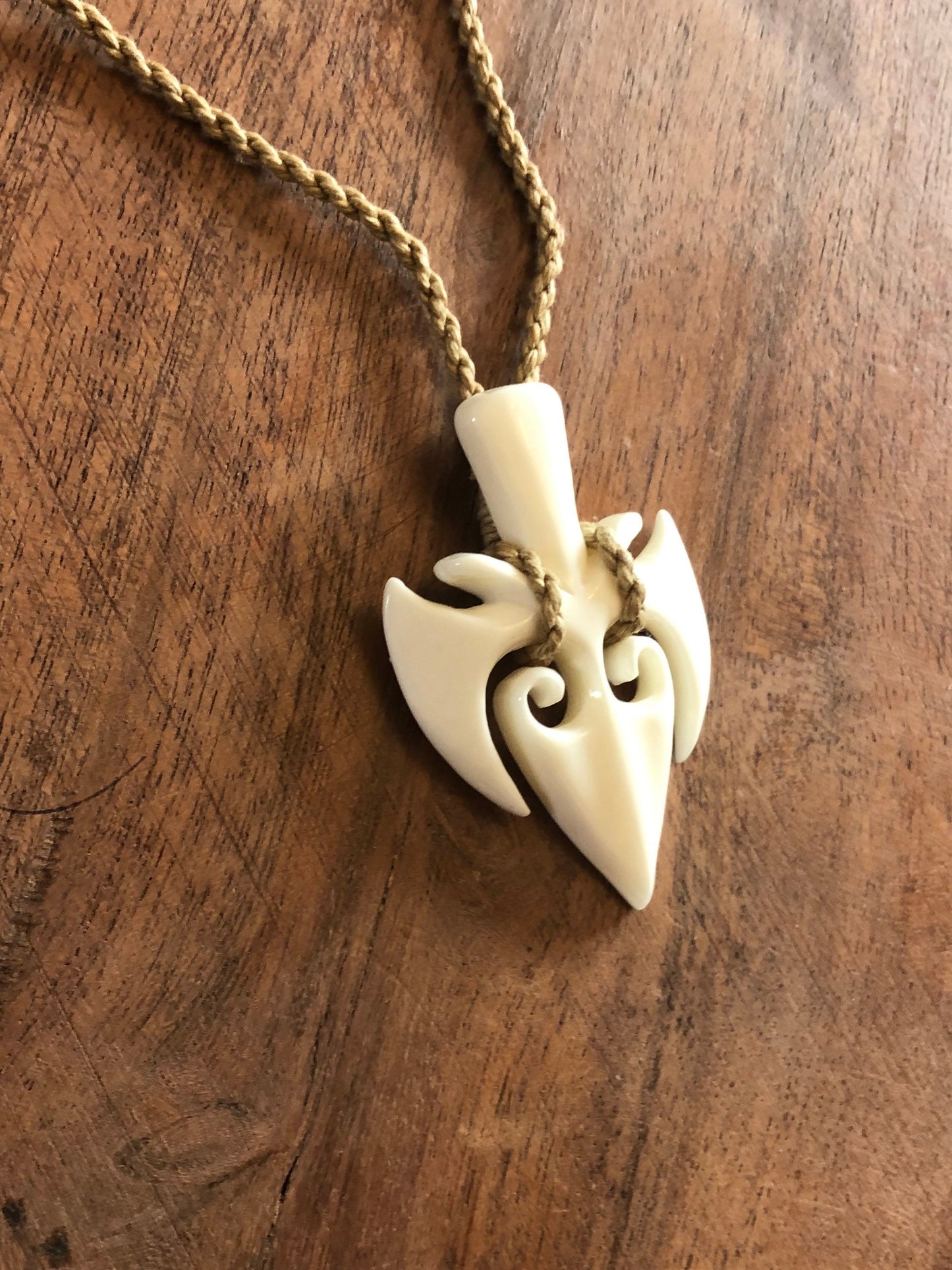Hand Carved Buffalo Bone Trident Necklace, Adjustable Polynesian Jewelry